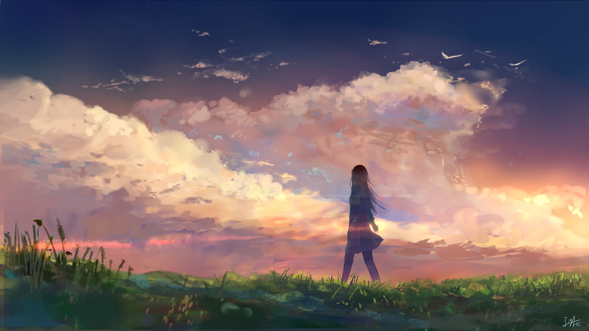 Аниме девушка на фоне неба