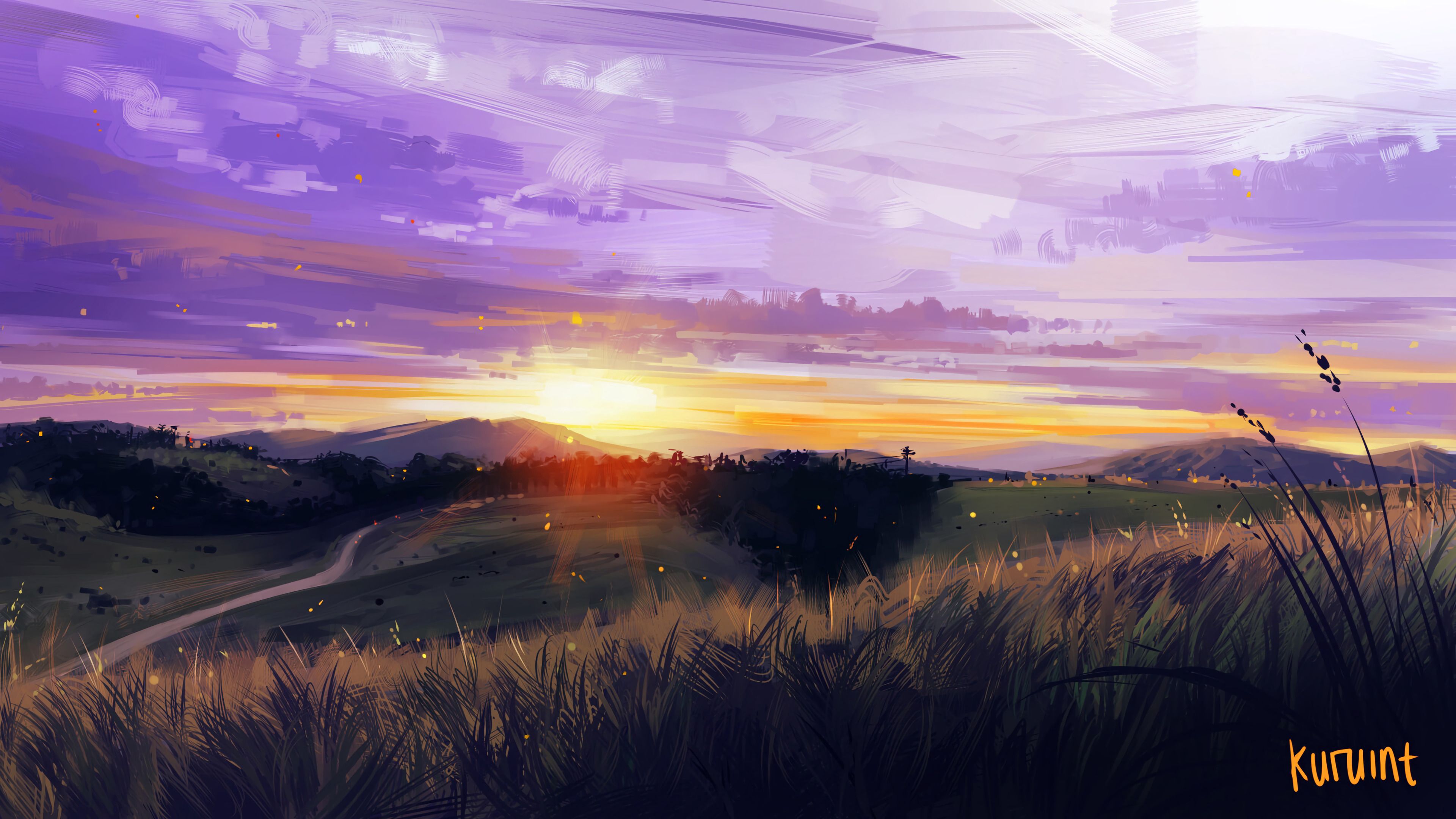 Free download wallpaper Sunset, Grass, Mountains, Art, Landscape on your PC desktop