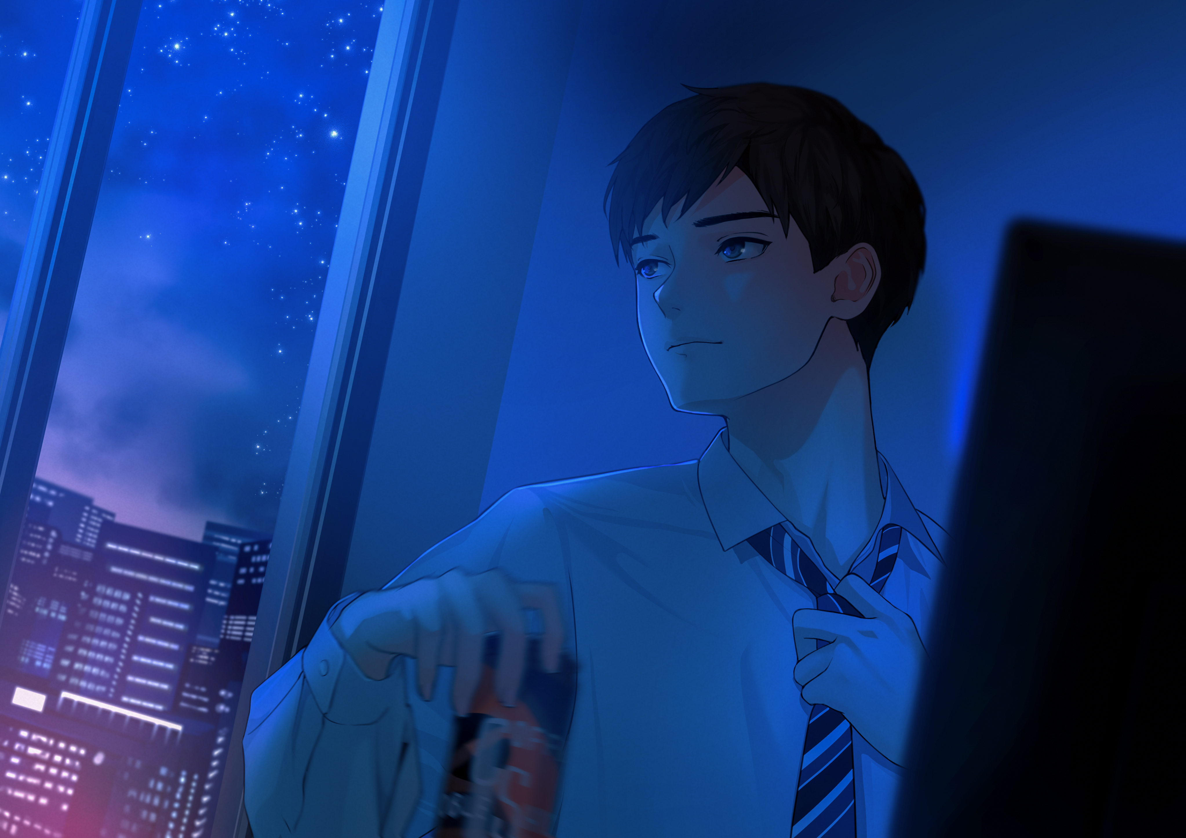 anime, boy, night, starry sky