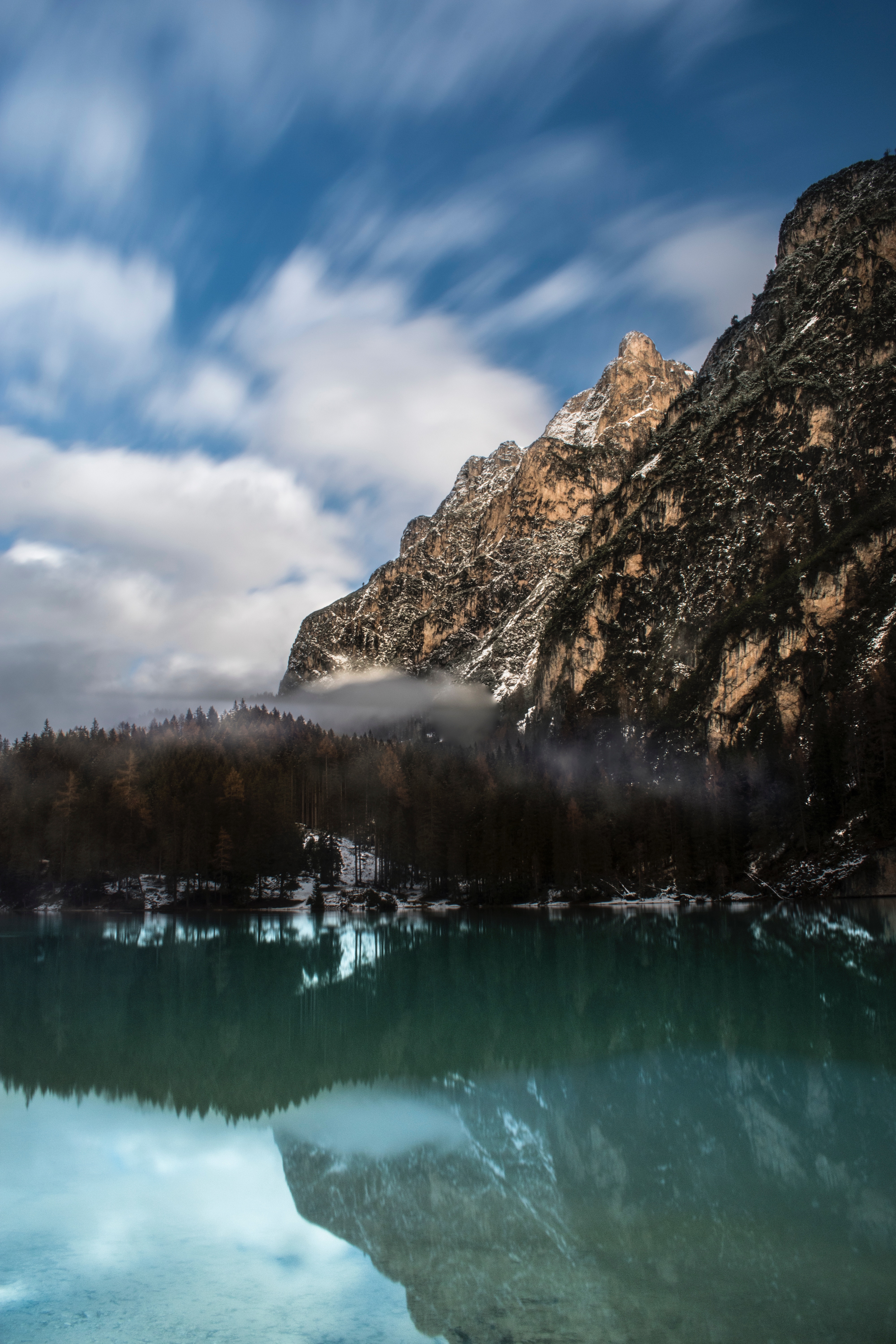 Download mobile wallpaper Lake Braies, Lake Bries, Fog, Nature, Lake, Mountain, Landscape, Italy for free.