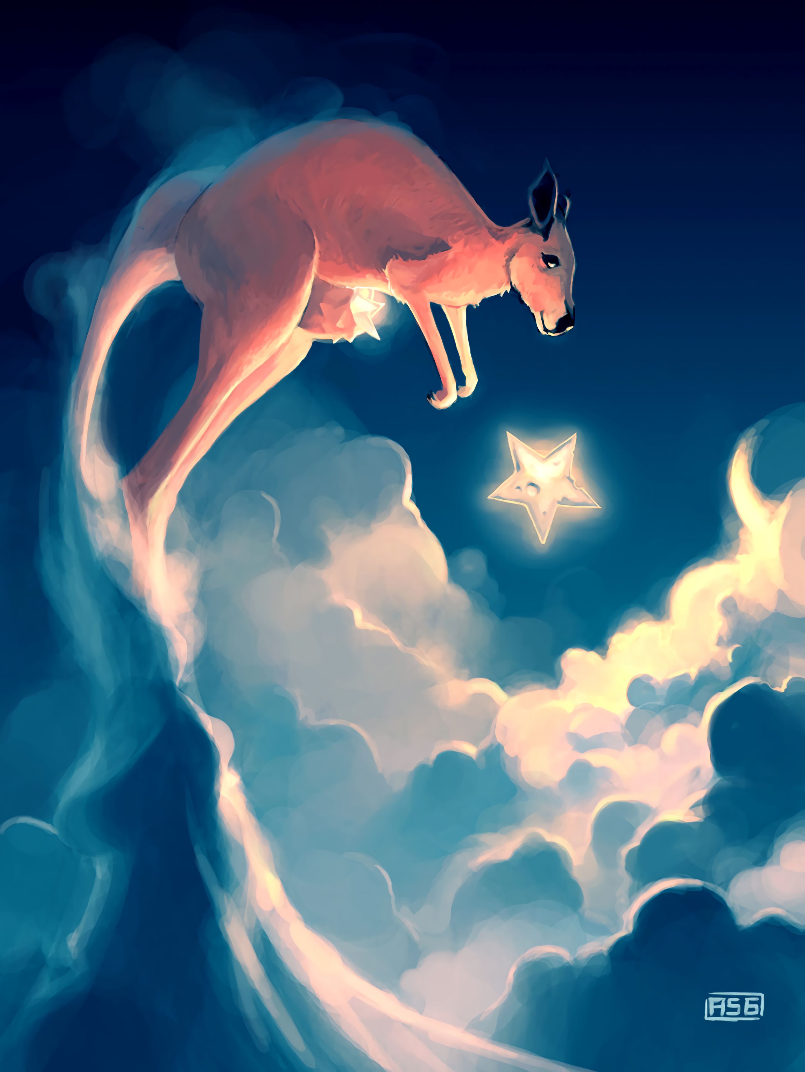 Download mobile wallpaper Clouds, Sky, Stars, Kangaroo, Art for free.
