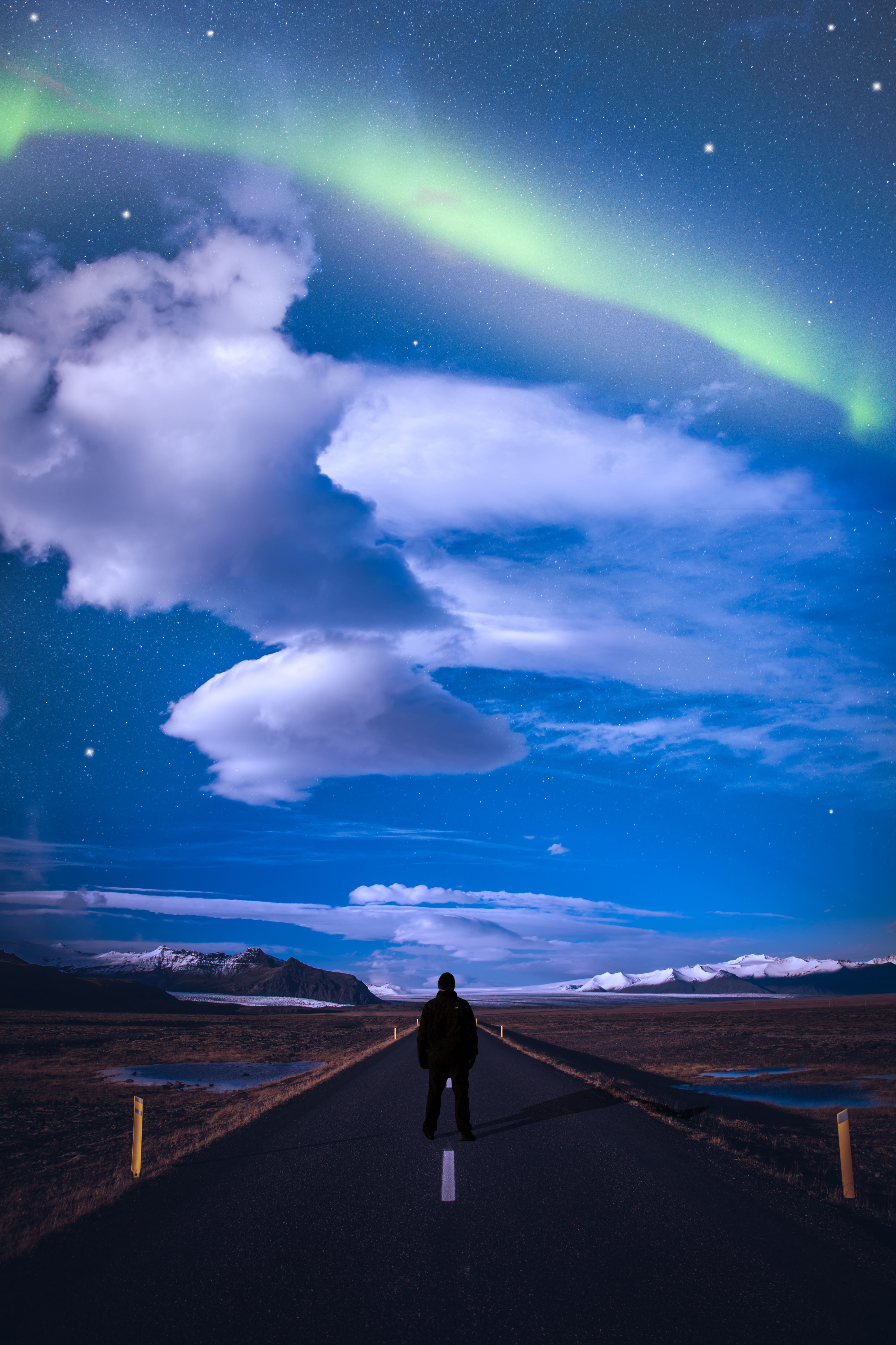 Horizontal Wallpaper starry sky, nature, road, markup, human, person, northern lights, aurora borealis
