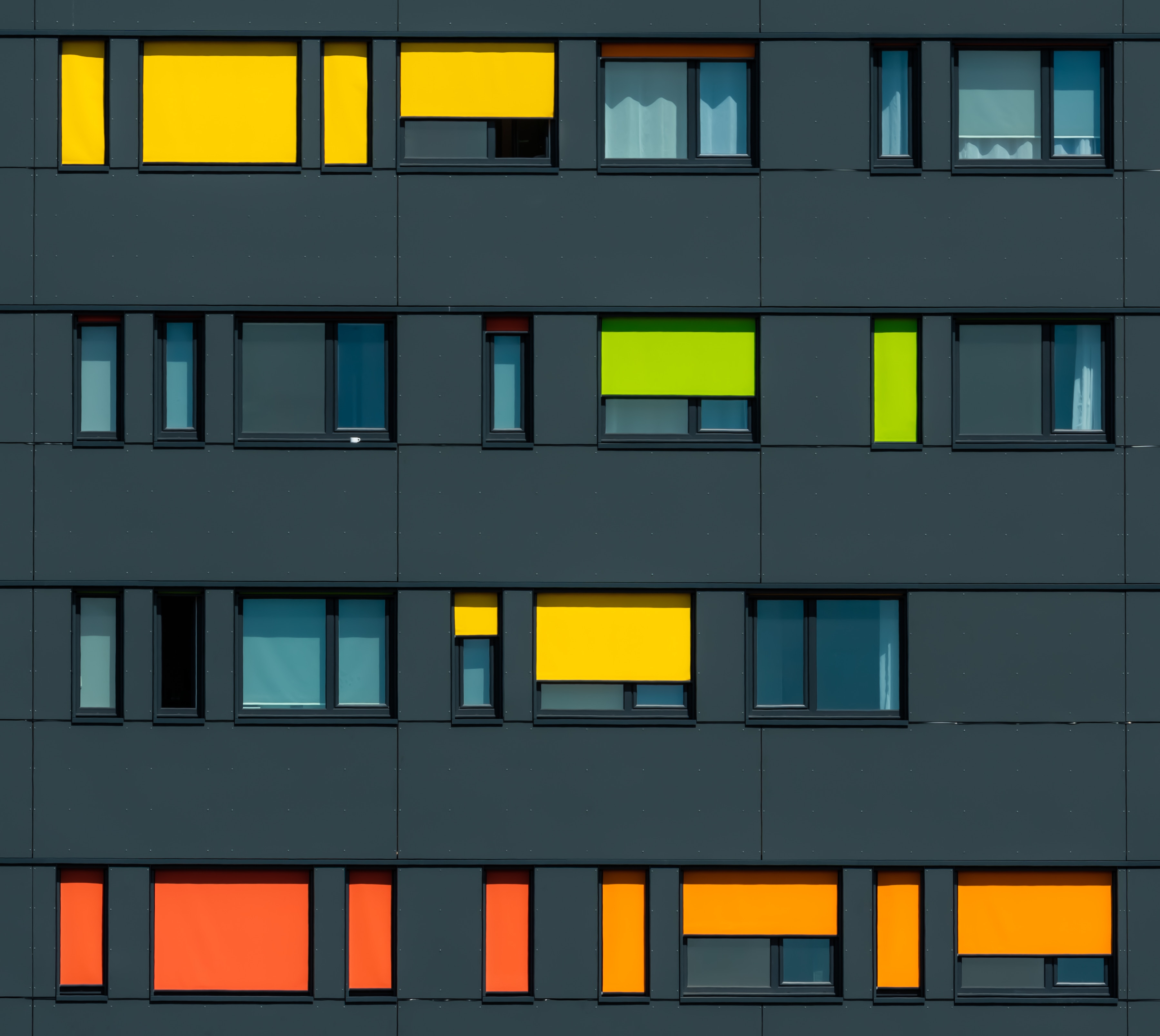 minimalism, multicolored, motley, windows, building, facade
