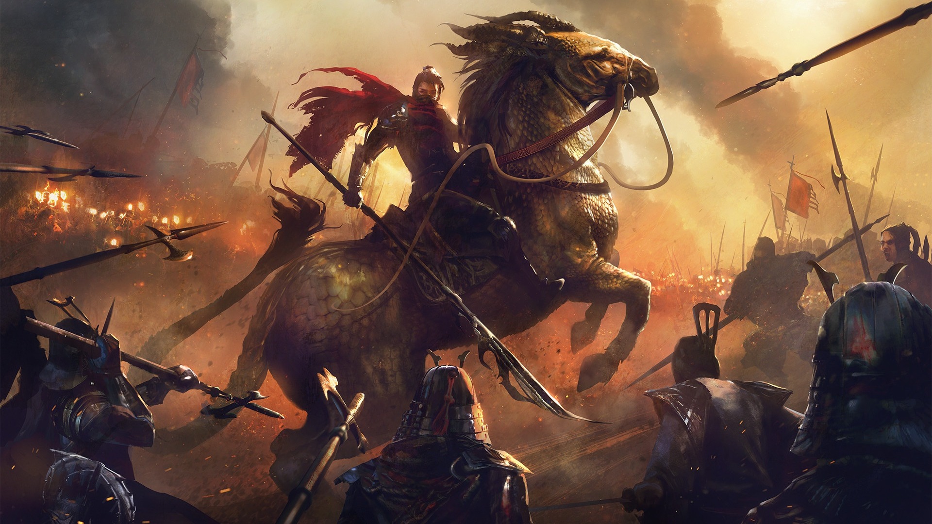 Download mobile wallpaper Fantasy, Warrior, Horse, Battle, Oriental, Spear for free.