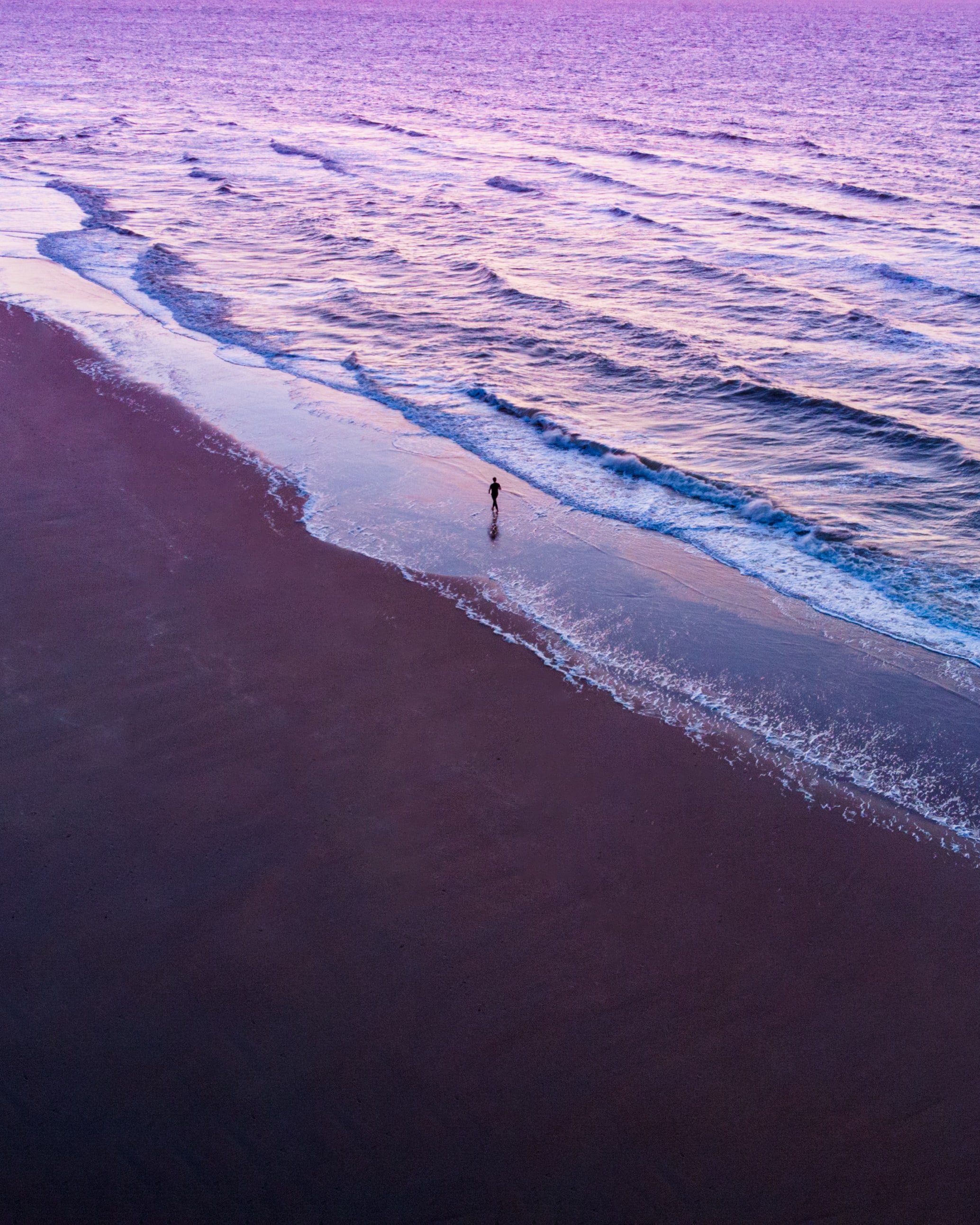 person, sea, beach, violet, view from above, silhouette, miscellanea, miscellaneous, purple, human, loneliness