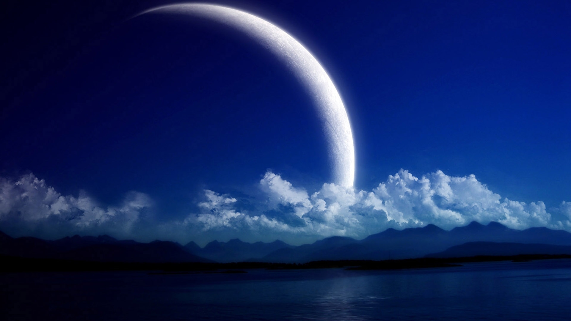 Download mobile wallpaper Clouds, Sea, Mountains, Landscape, Moon, Fantasy for free.
