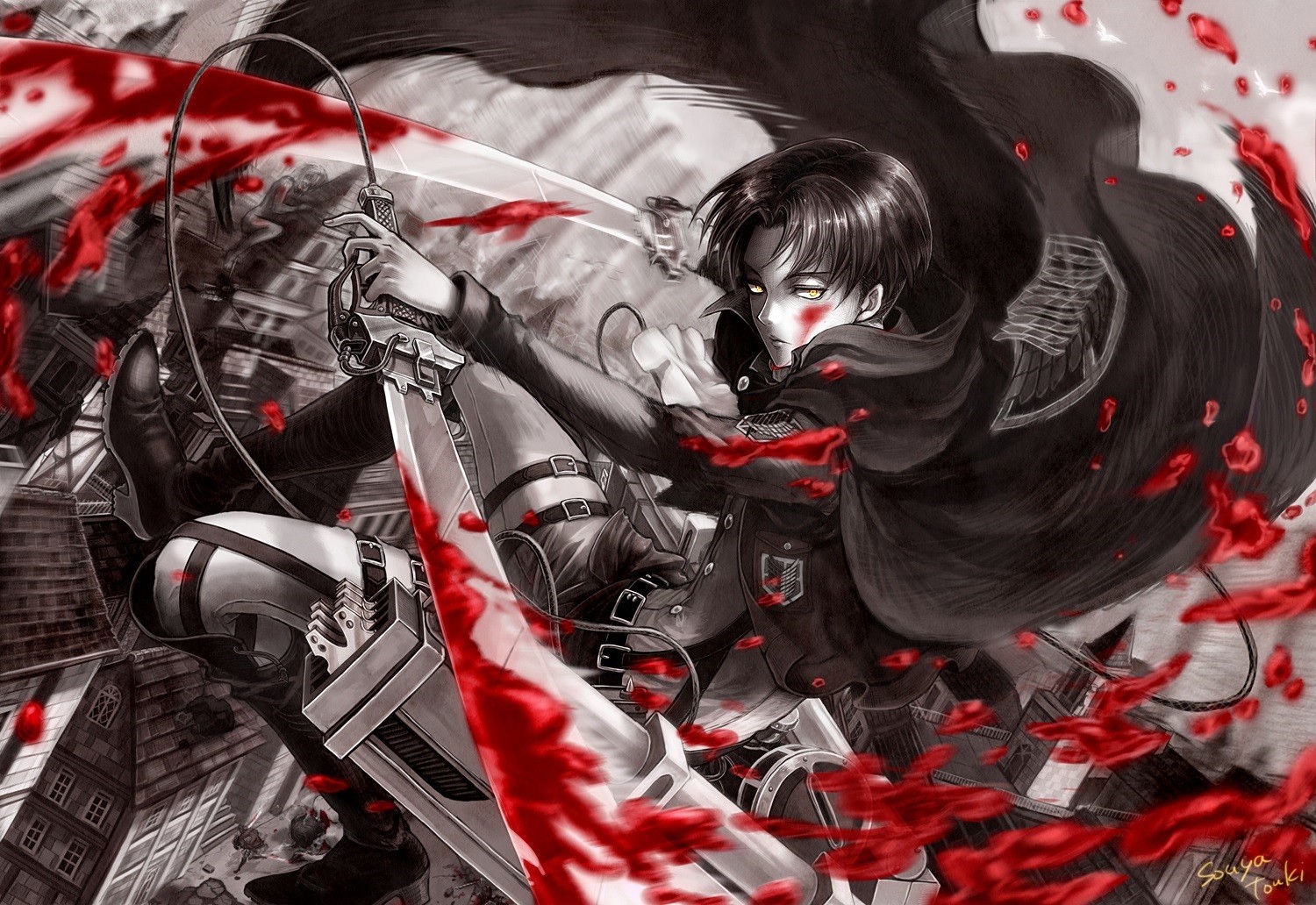 anime, levi ackerman, attack on titan, sword, shingeki no kyojin, blood HD wallpaper