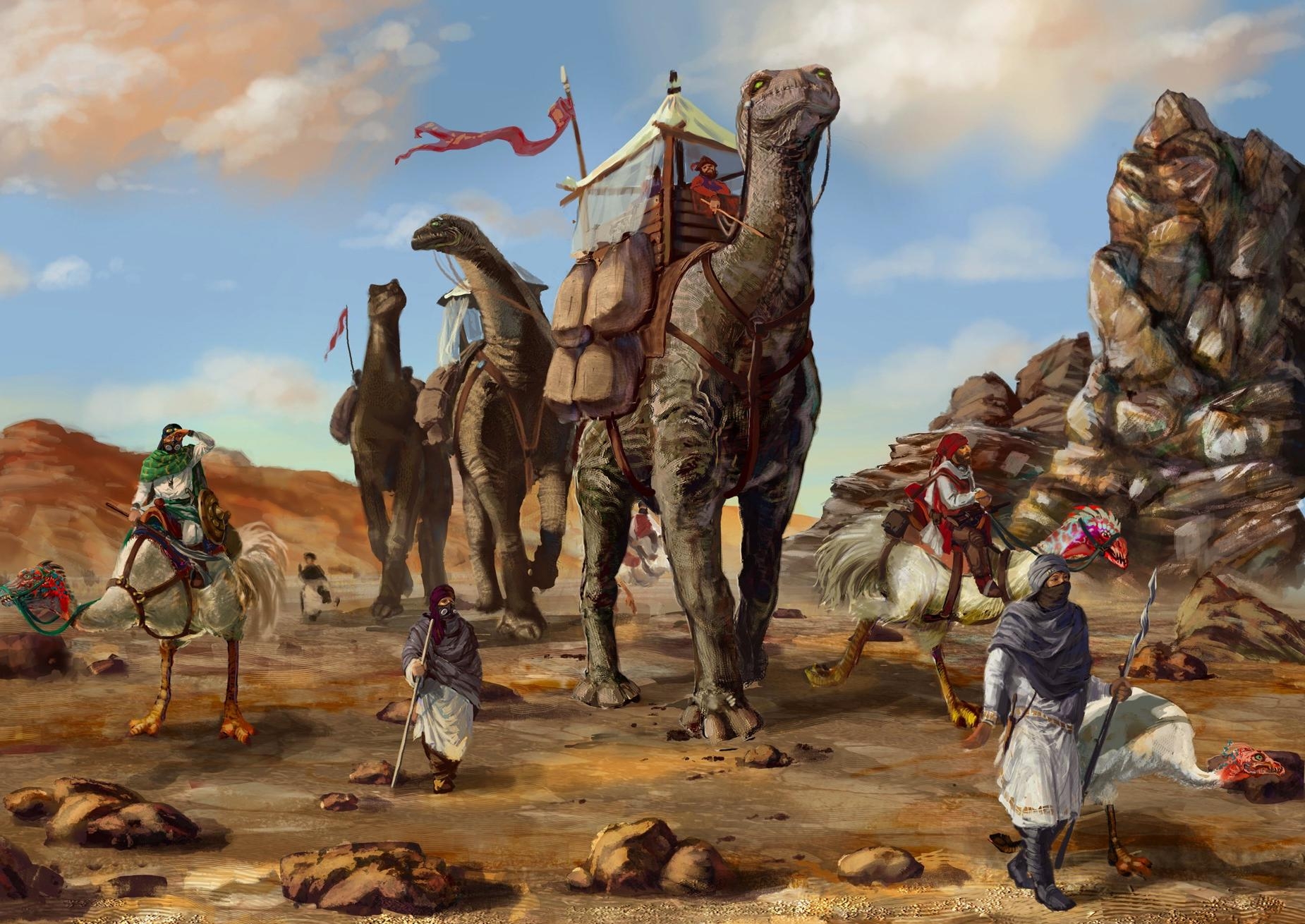 Download mobile wallpaper Bedouin, Bedouins, Caravan, Desert, Dinosaurs, Fantasy for free.