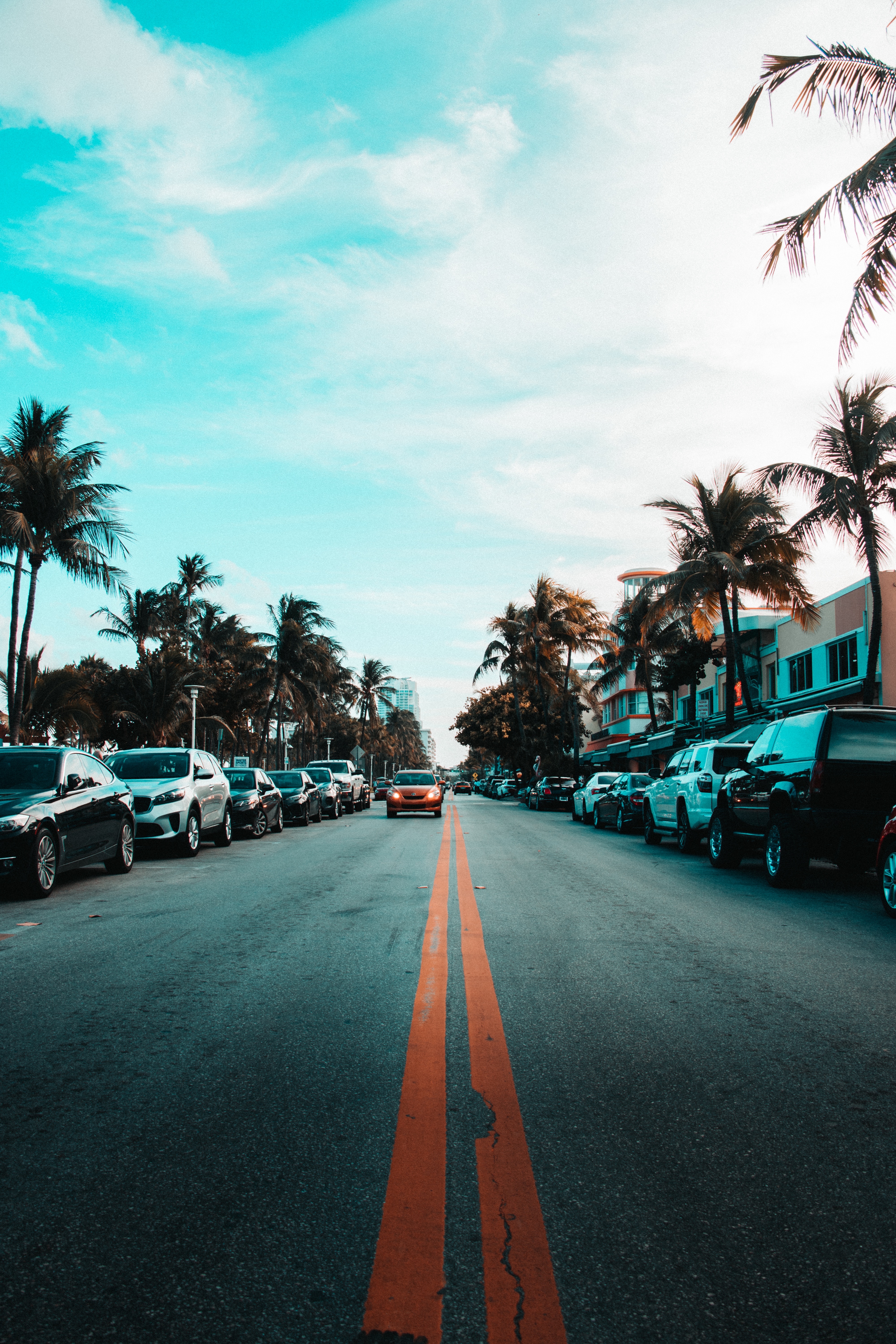 Download mobile wallpaper Markup, Sky, Palms, Cars, Road, Cities for free.