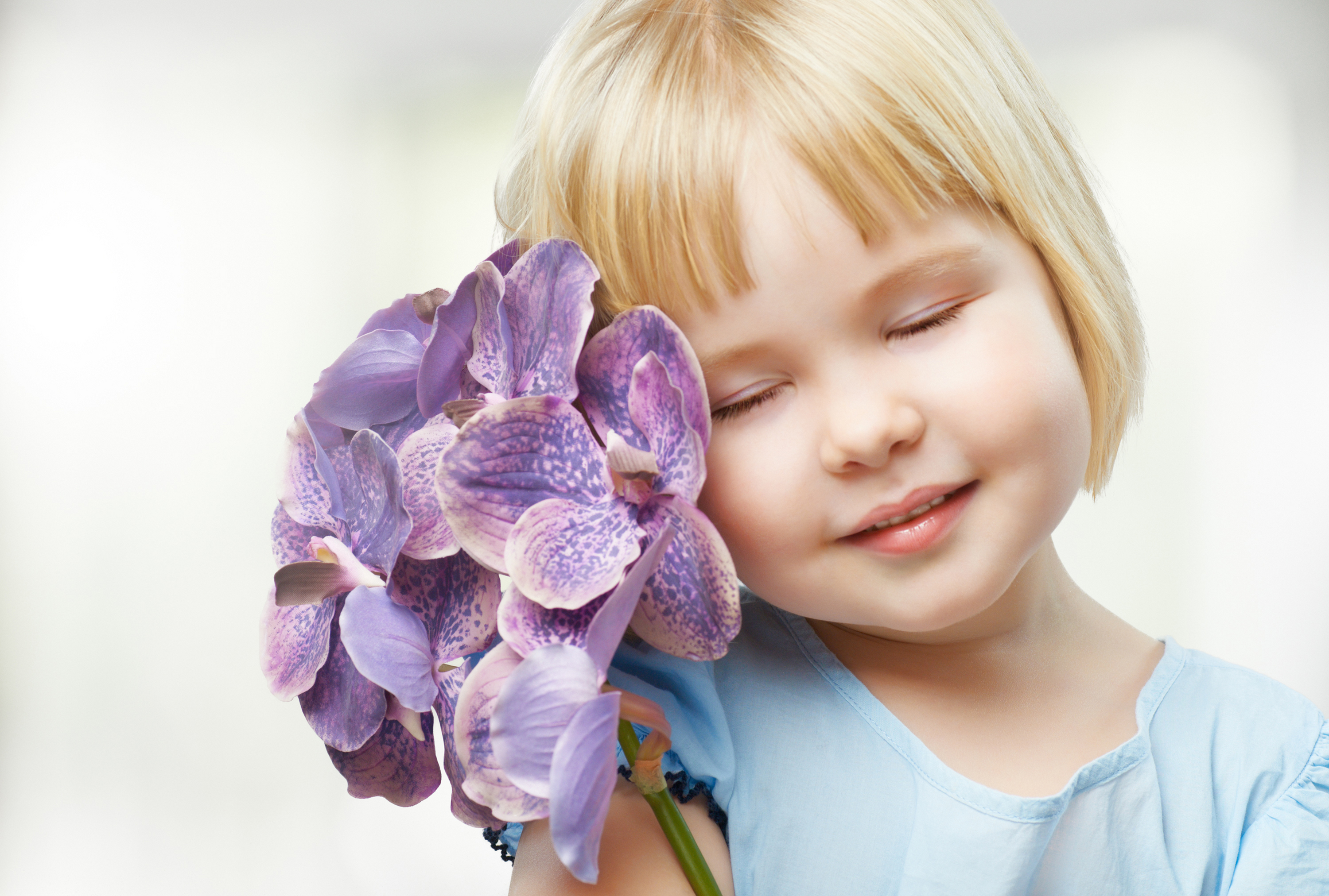 Download mobile wallpaper Flower, Child, Blonde, Photography, Purple Flower, Little Girl for free.