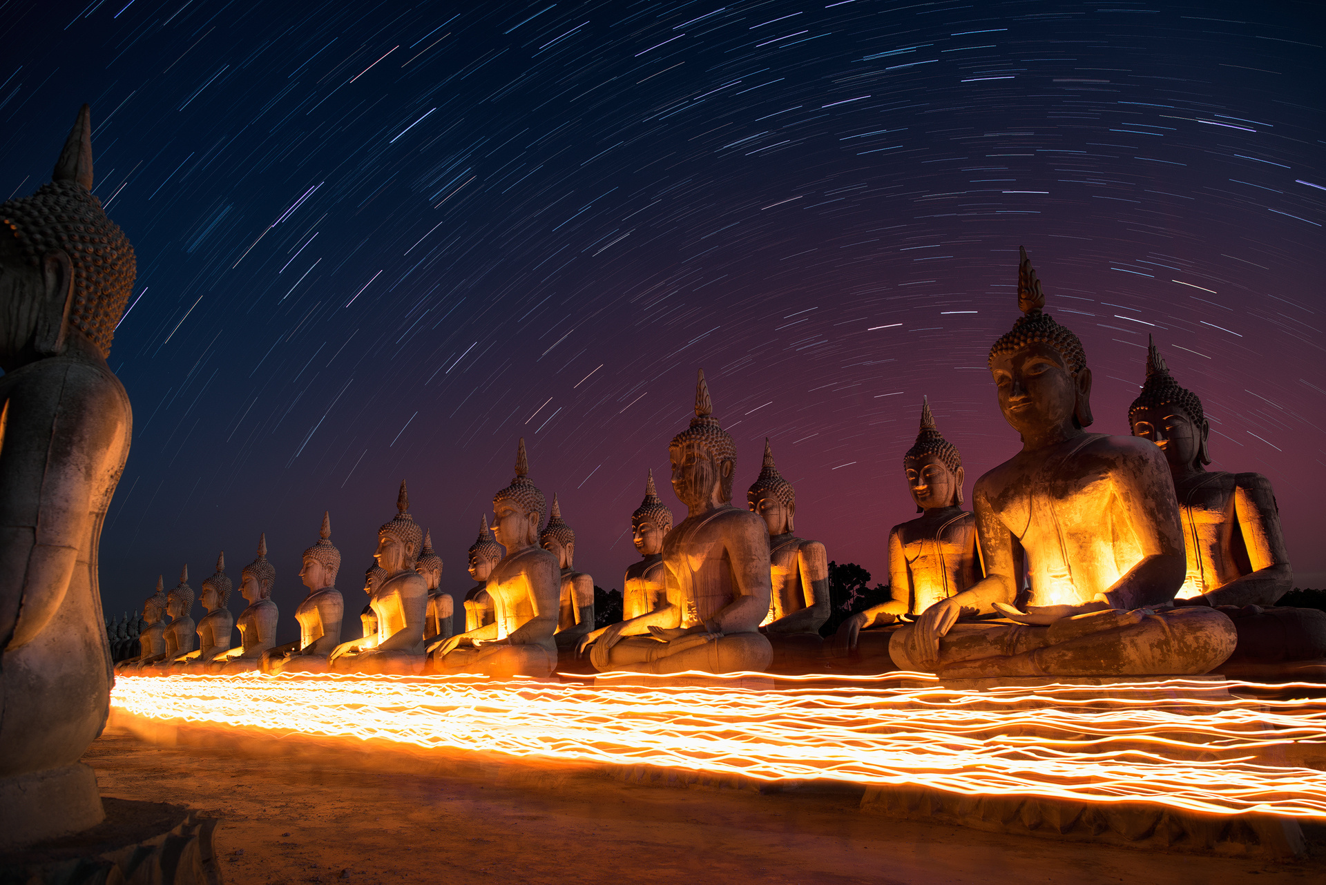 buddha, religious, light, night, statue, time lapse 4K