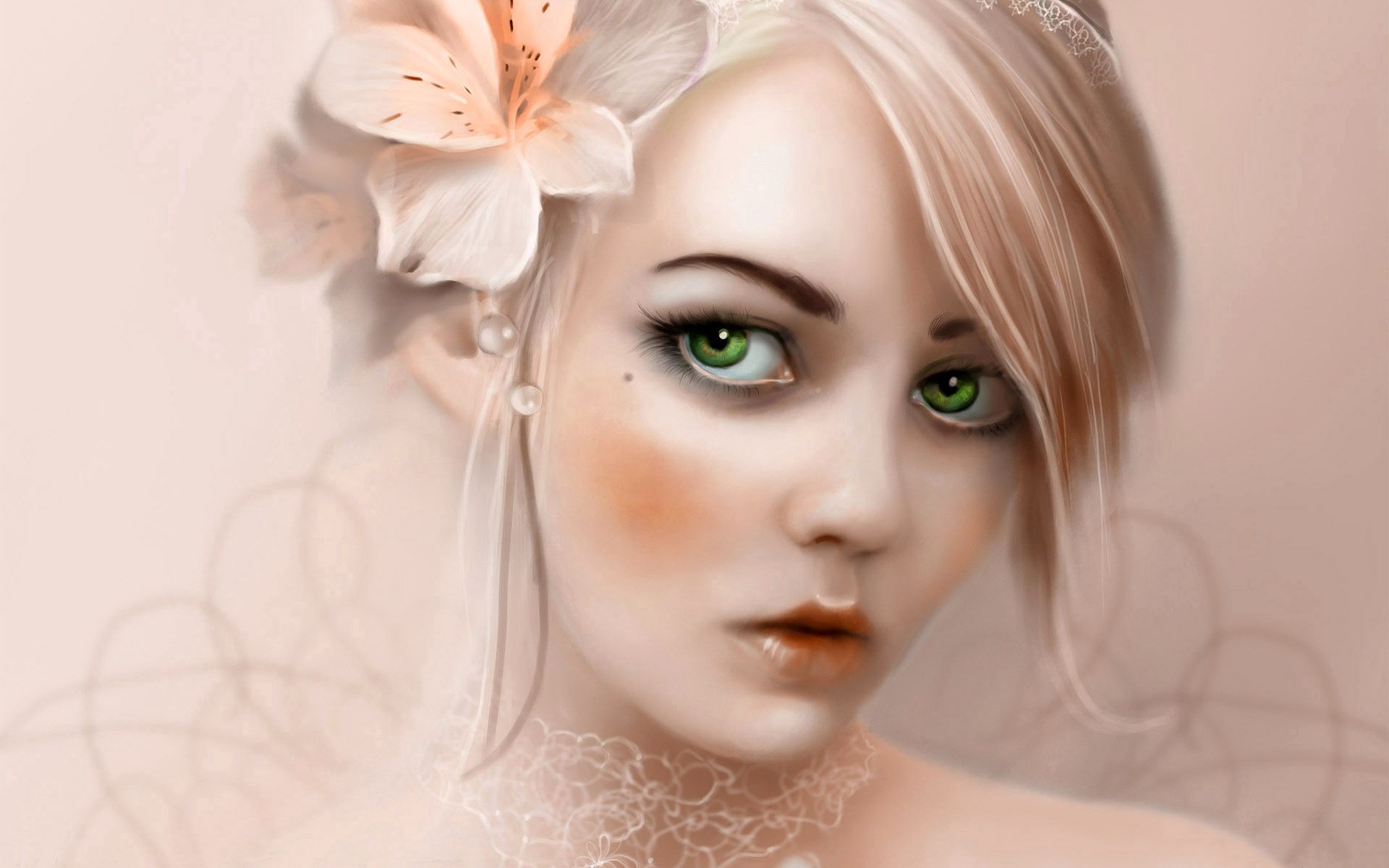 Download mobile wallpaper Flower, Eyes, Blonde, Girl, Fantasy for free.