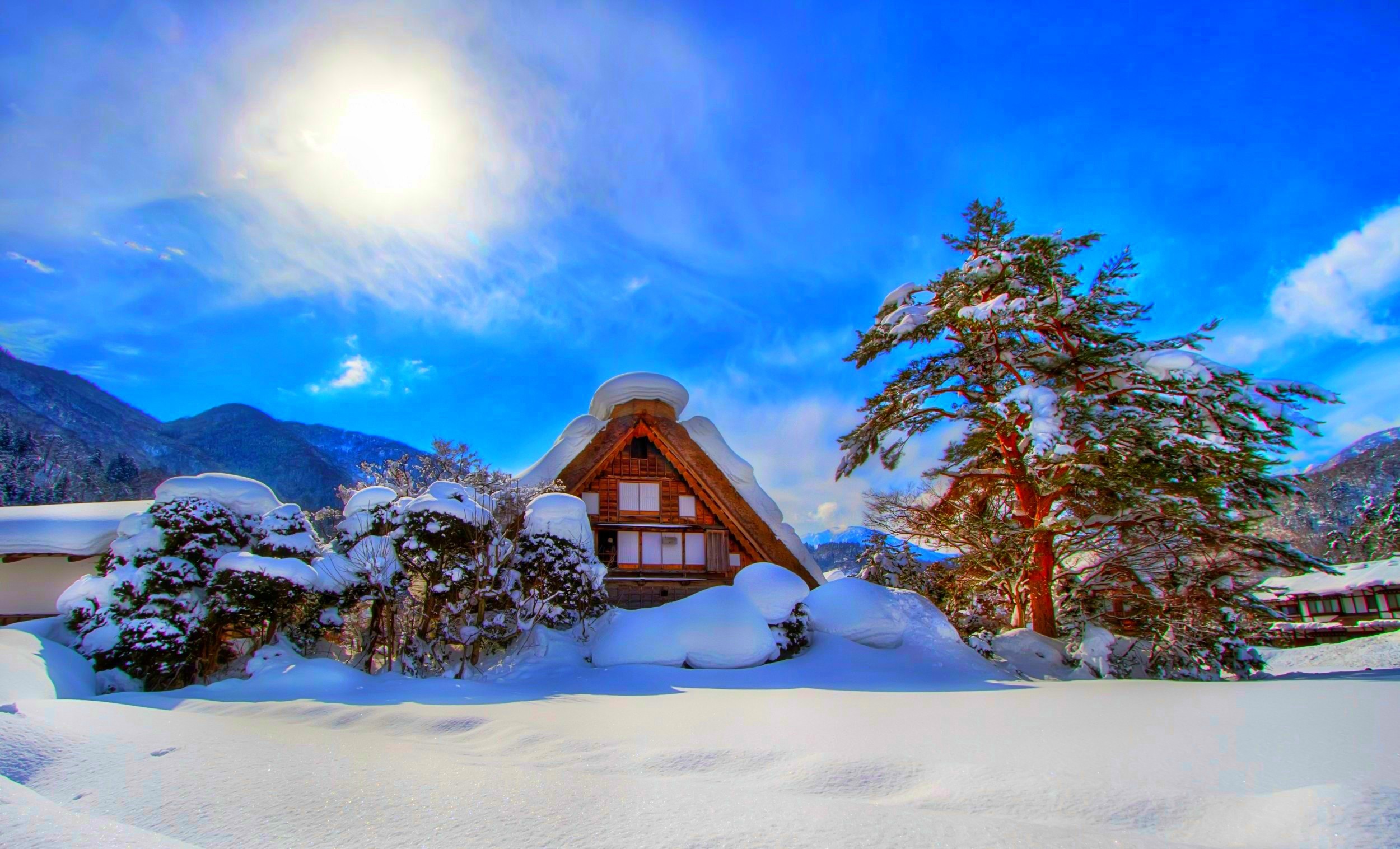 756884 baixar imagens feito pelo homem, shirakawa, casa, neve, sol, brilho do sol, árvore, inverno - papéis de parede e protetores de tela gratuitamente