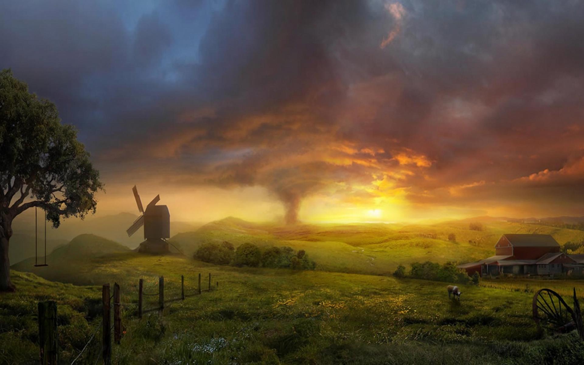 countryside, artistic, landscape, country, farm, painting, tornado