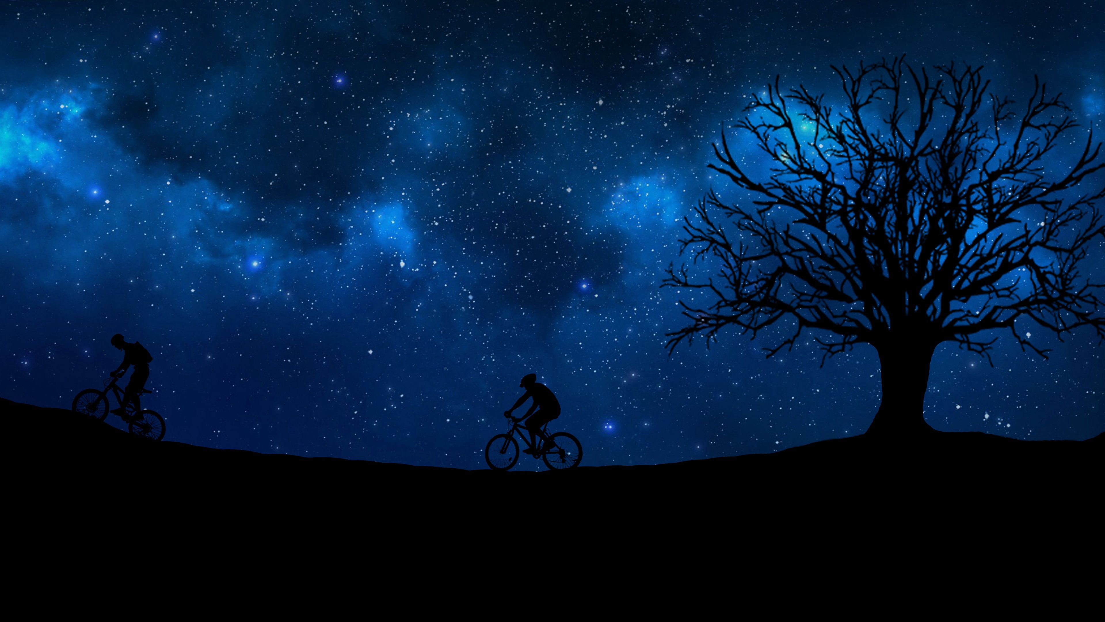 cyclist, silhouette, starry sky, vector mobile wallpaper