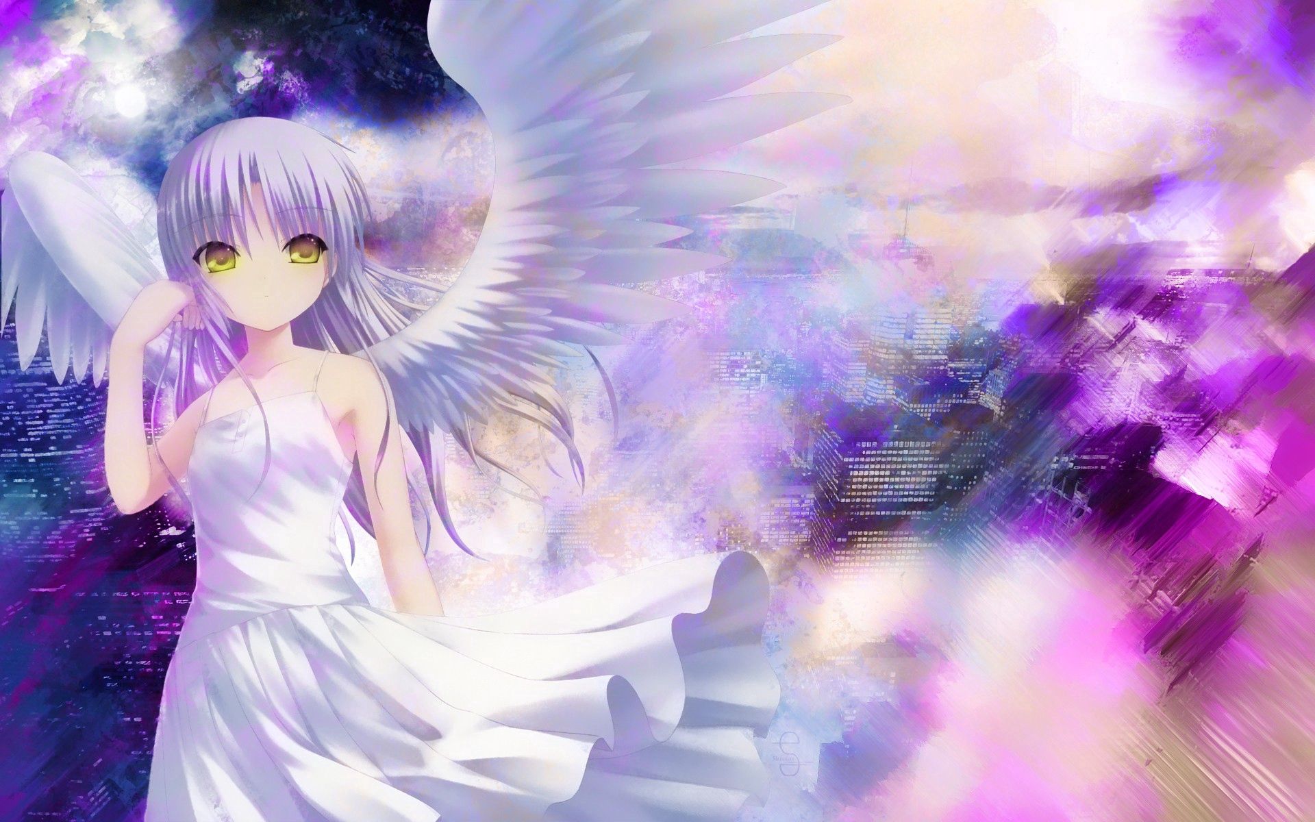 android anime, city, eyes, girl, wings, purity