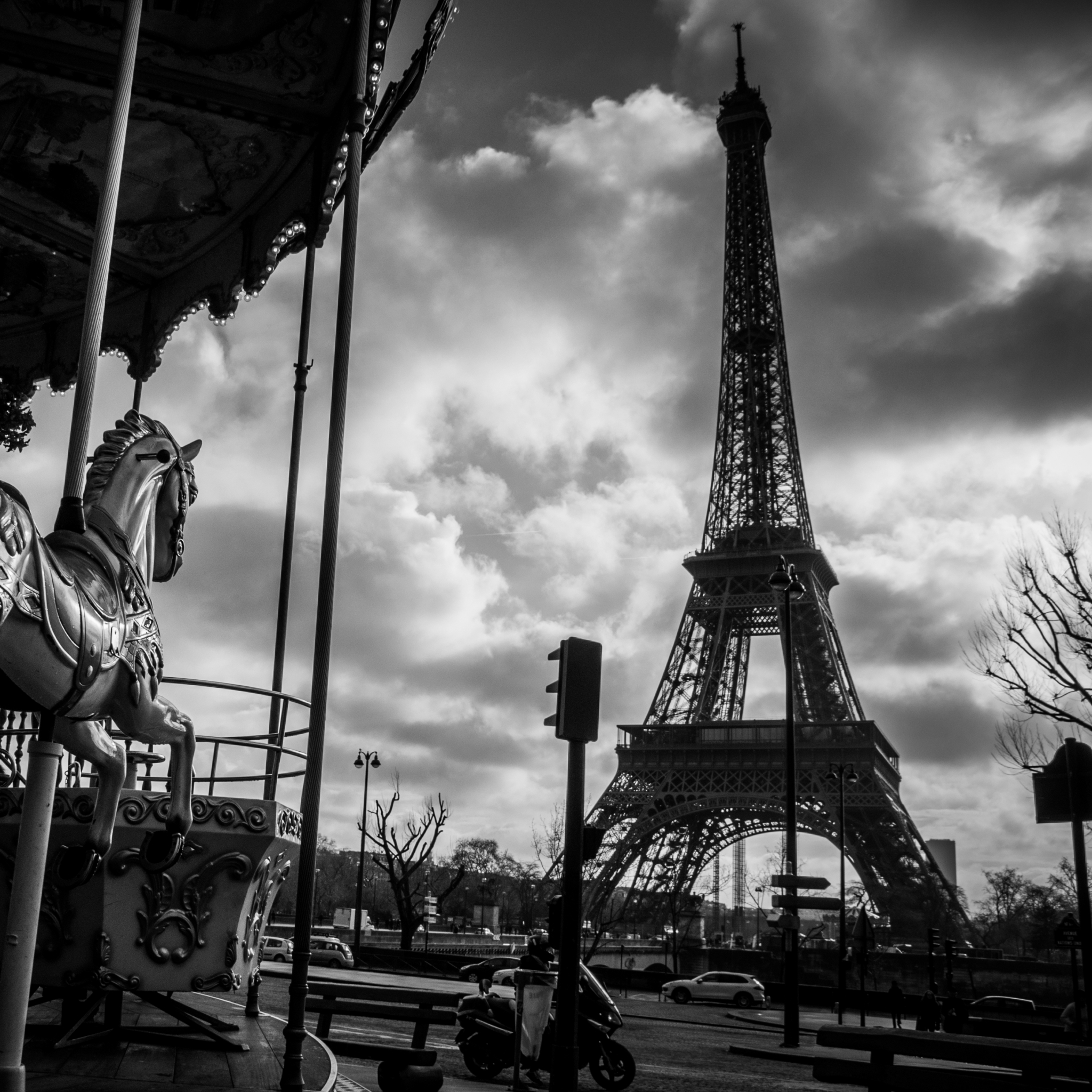 man made, eiffel tower, france, carousel, paris, black & white, monuments wallpaper for mobile