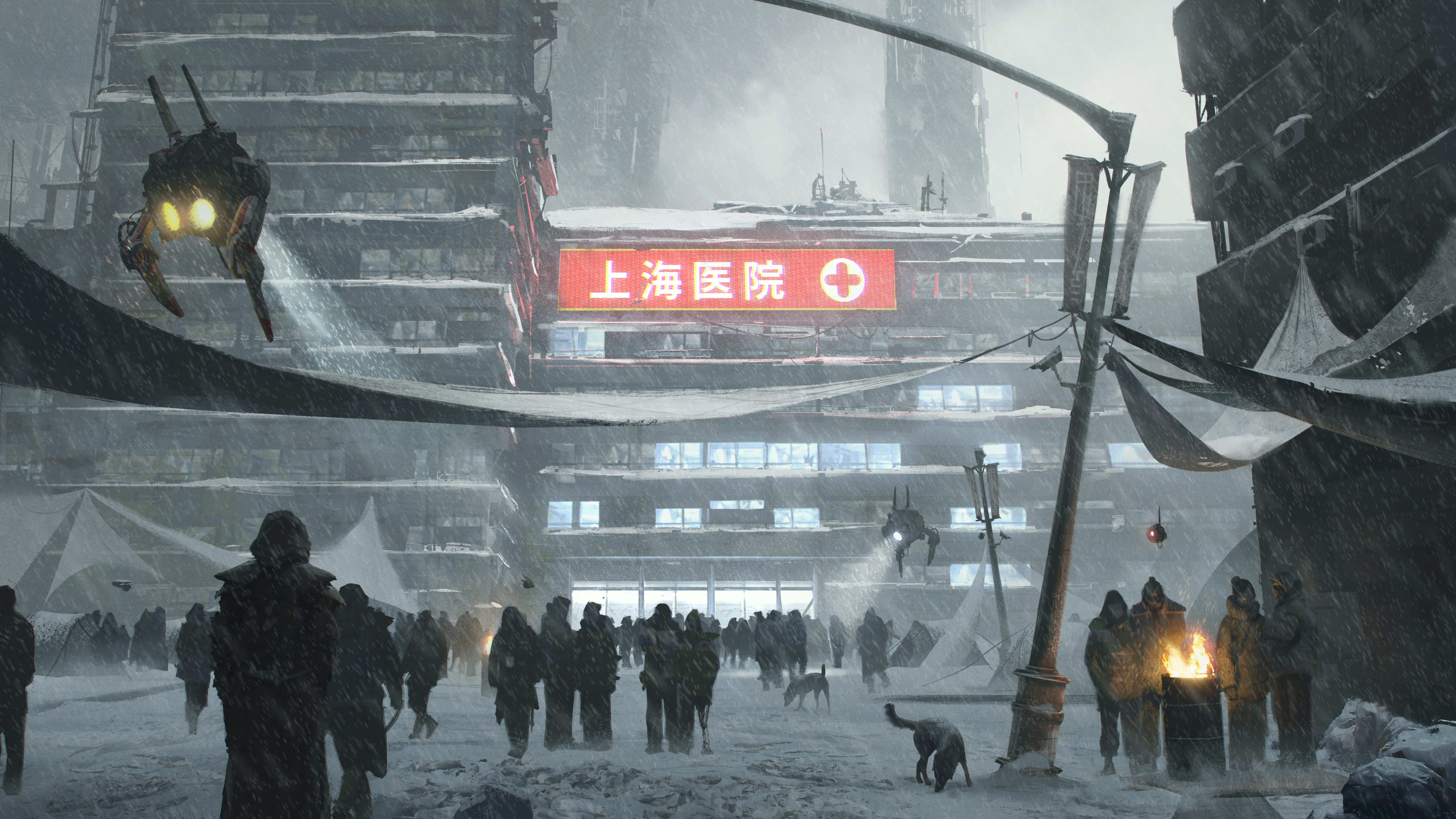 cyberpunk, people, robot, winter, sci fi, building, snow, snowfall phone background