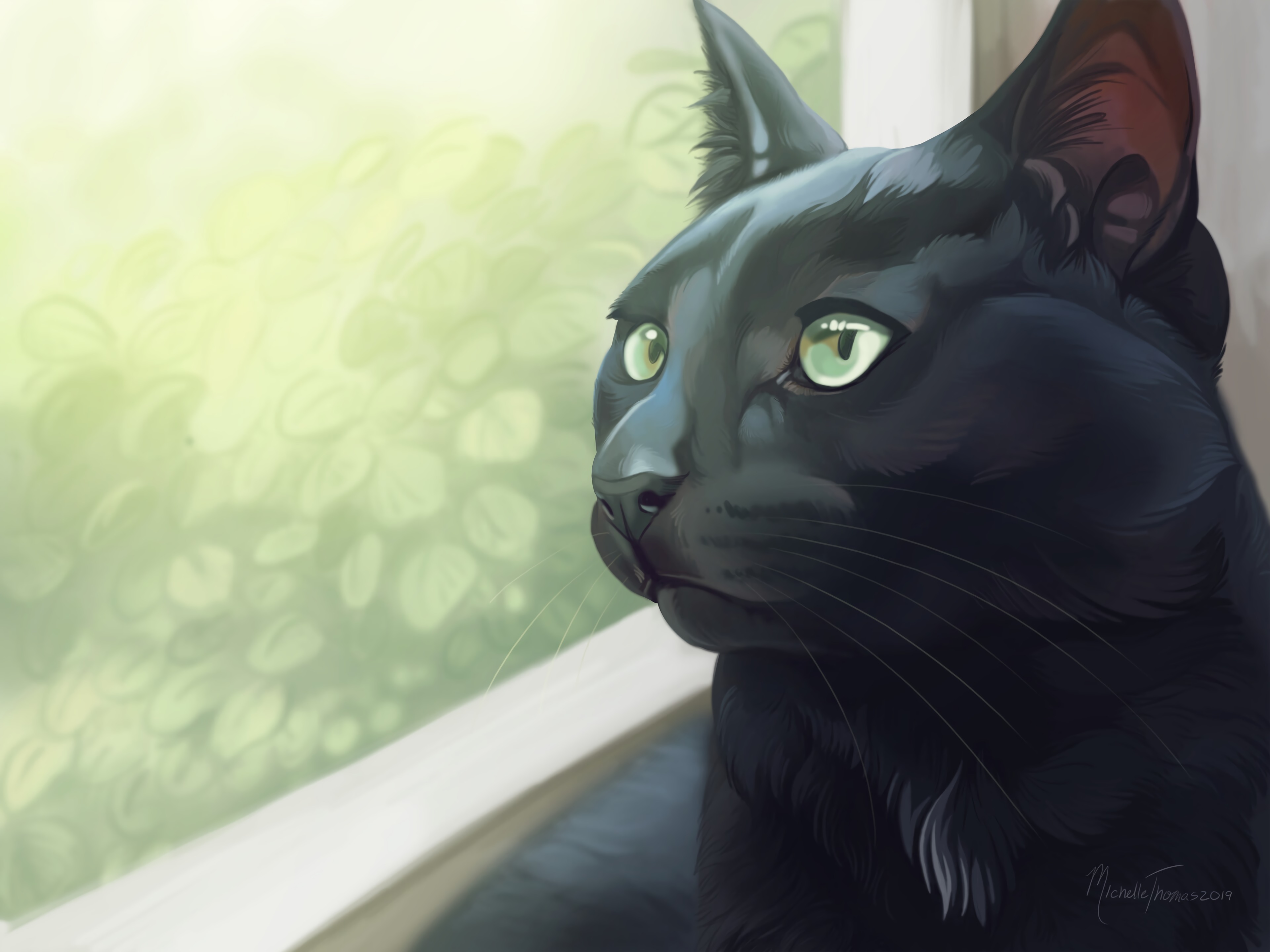 Чёрный кот с зелёными глазами арт
