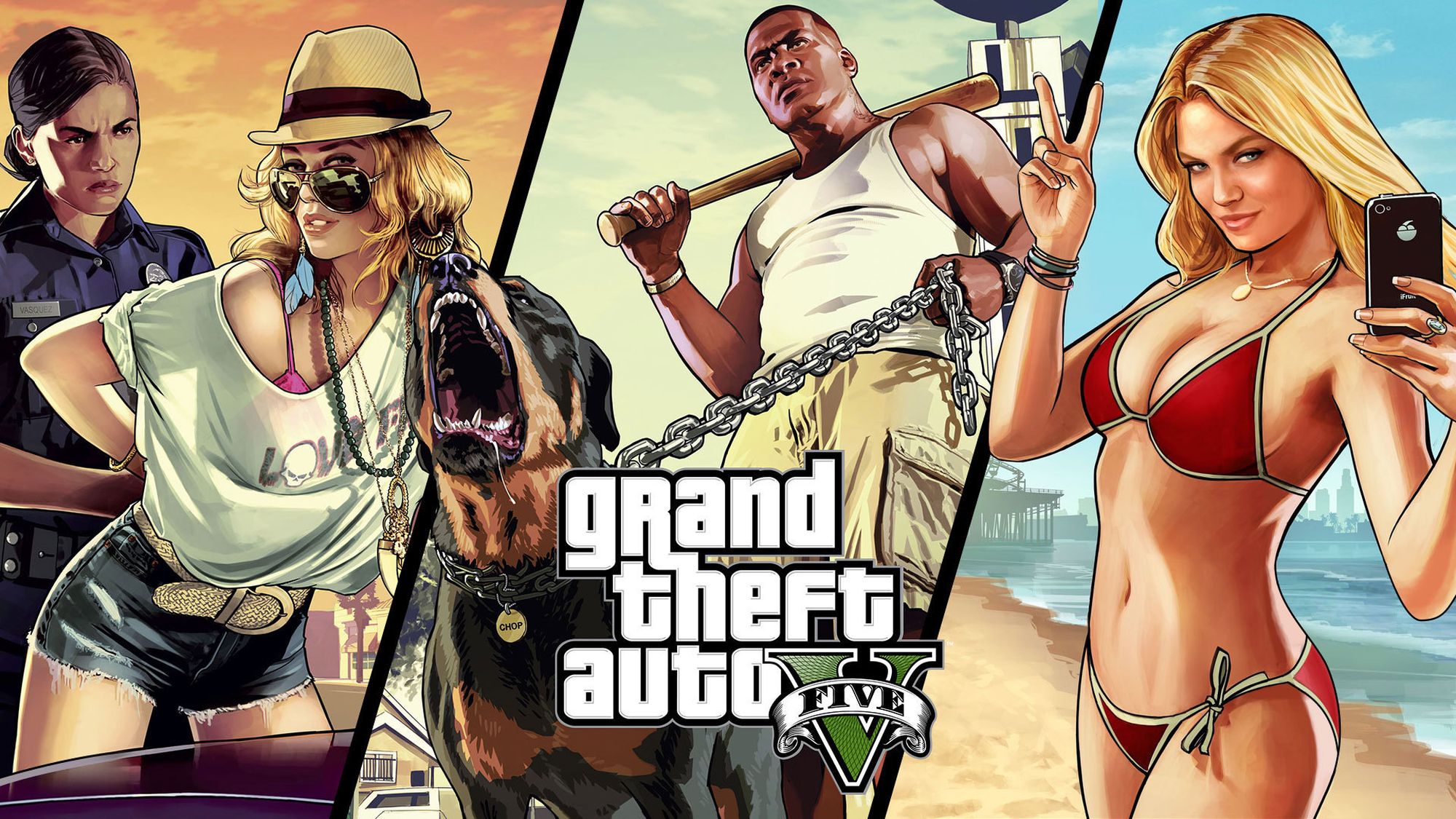 hat, blonde, earrings, grand theft auto, bikini, watch, grand theft auto v, video game, baseball bat, beach, belt, blue eyes, brown hair, chain, dog, franklin clinton, long hair, necklace, peace sign, phone, police, ring, shorts, sky, smile, sunglasses 4K Ultra
