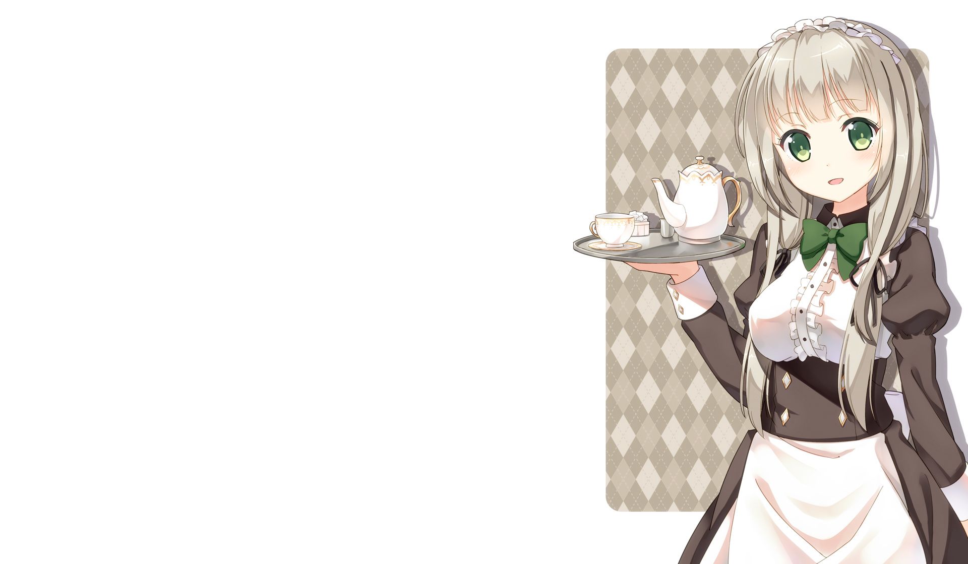 HD wallpaper anime, original, green eyes, long hair, maid, smile, tea set, white hair