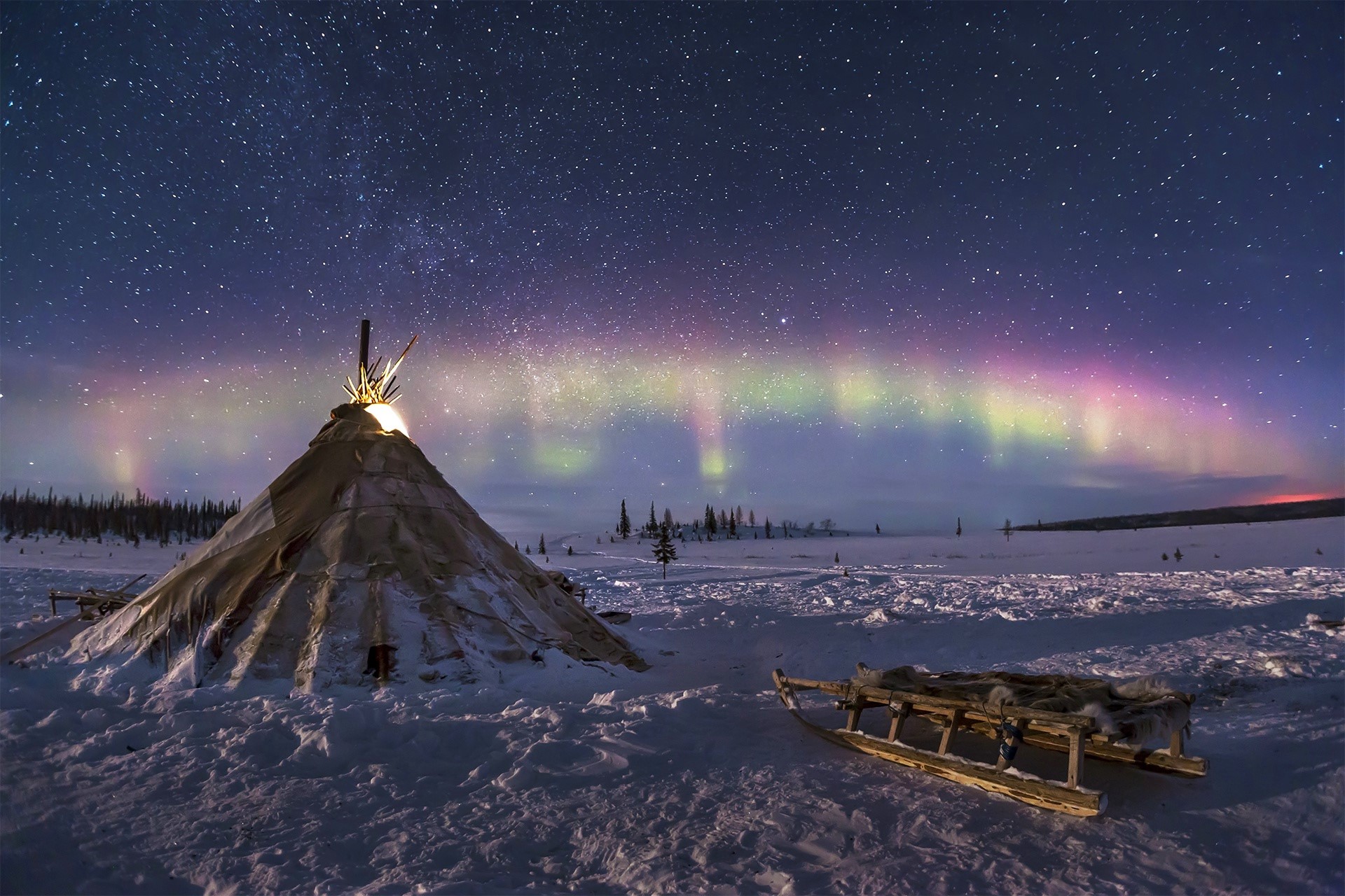 alaska, man made, wigwam, aurora borealis, house, night, sled, snow, starry sky, stars, winter
