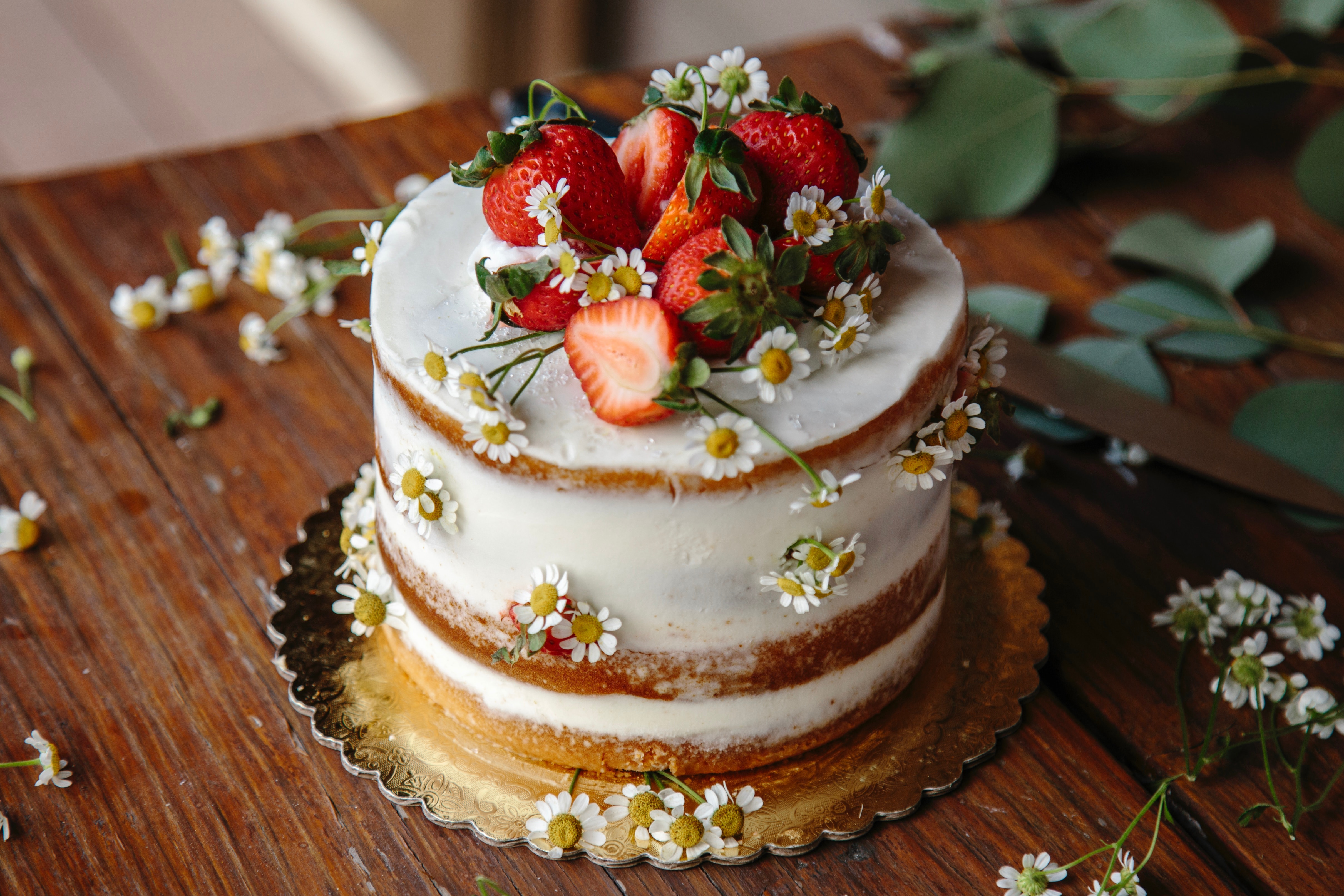 food, cake, chamomile, dessert, fruit, still life, strawberry