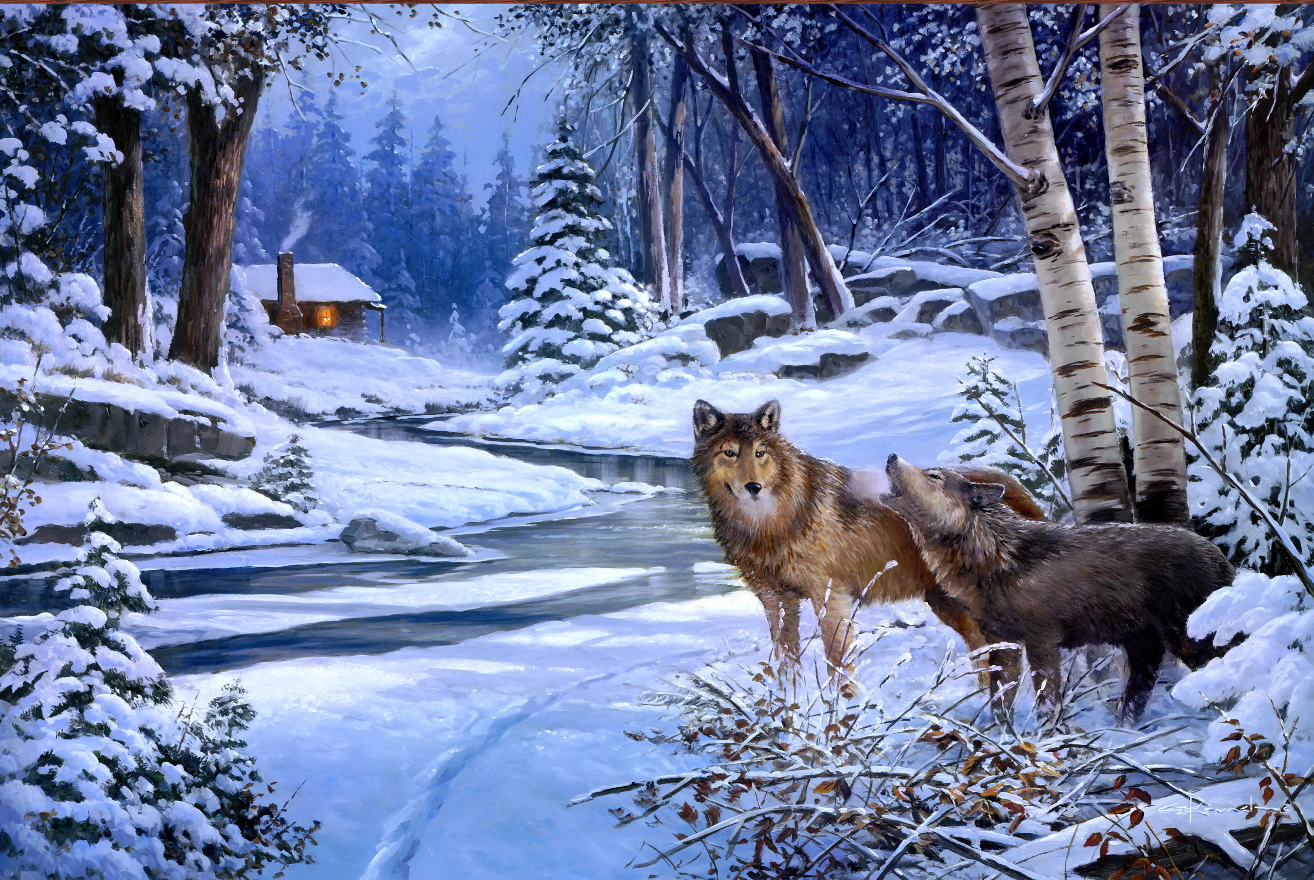 animal, wolf, birch, forest, painting, snow, tree, winter, wolves UHD