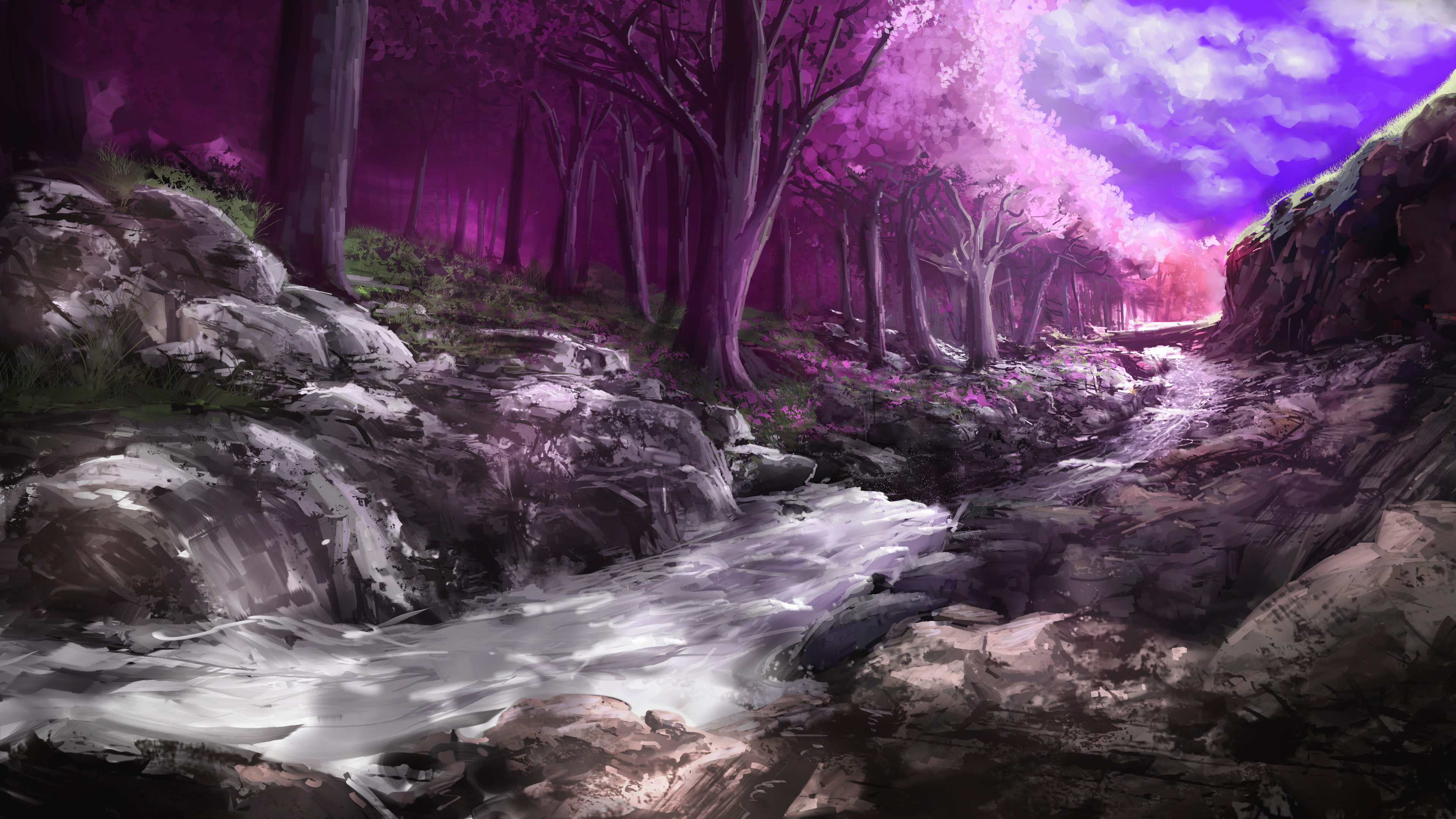 Download mobile wallpaper Fantasy, Forest, River, Blossom for free.