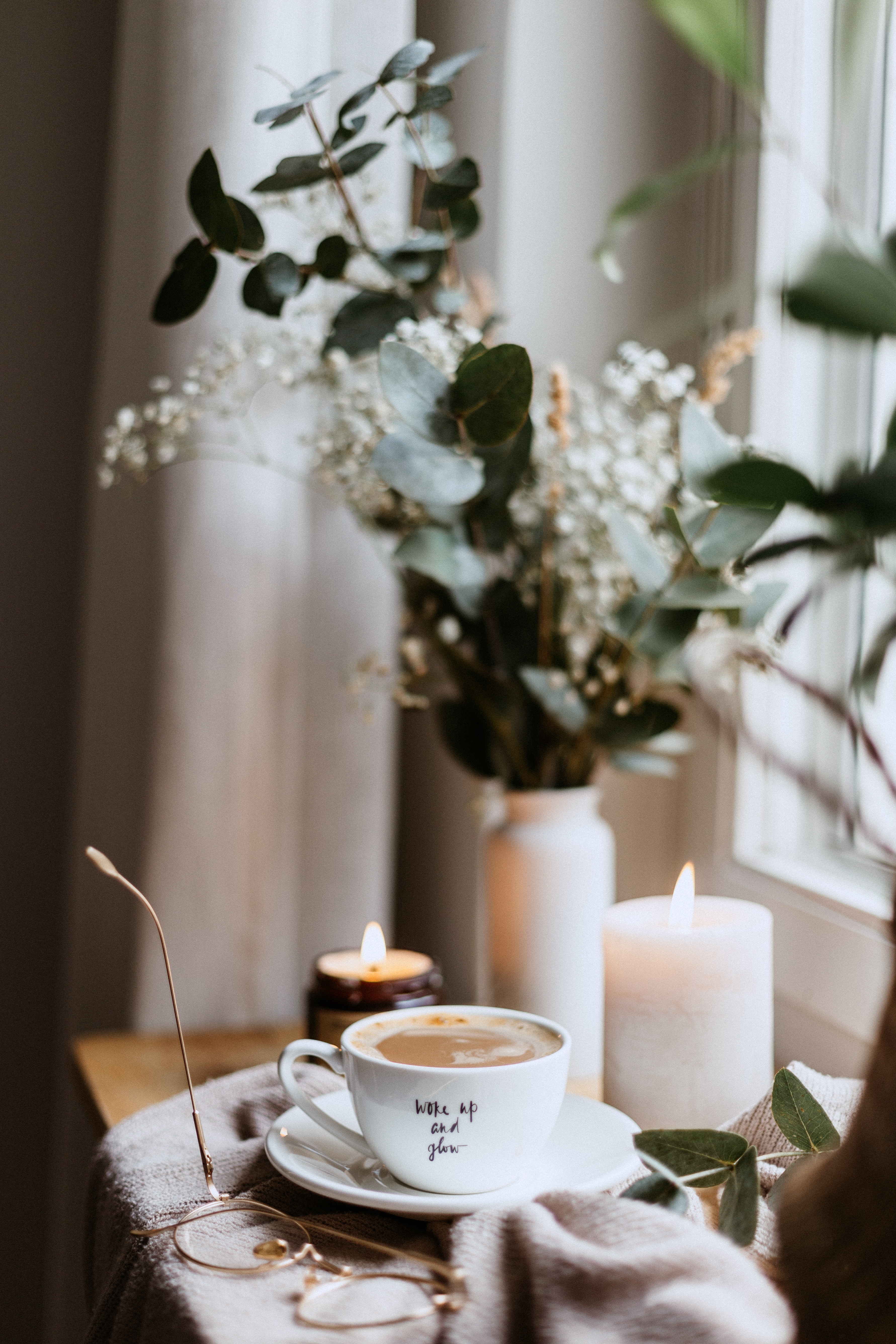 coffee, cup, candles, miscellanea, spectacles, miscellaneous, coziness, comfort, glasses Full HD