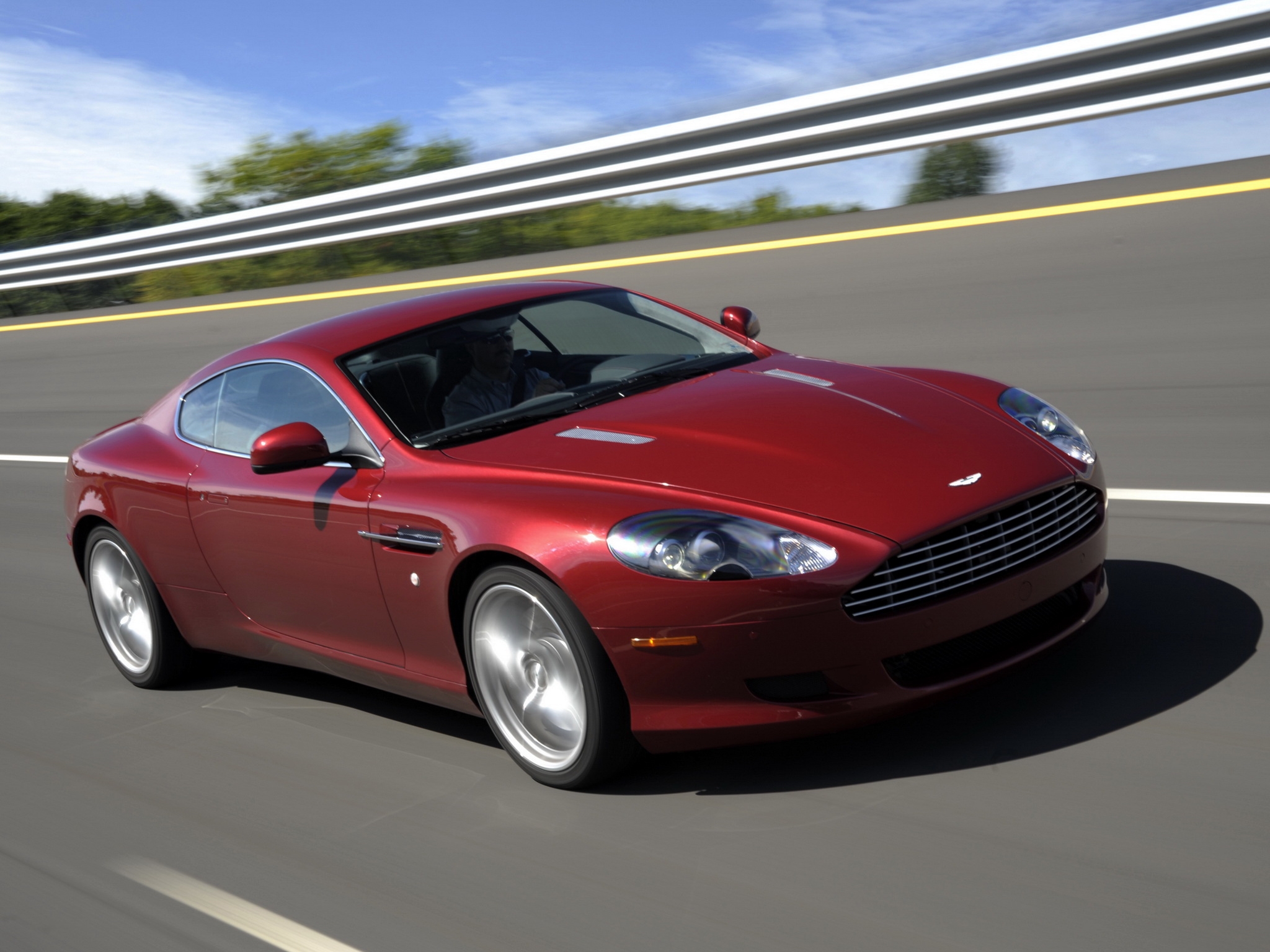 auto, trees, aston martin, cars, red, asphalt, side view, speed, style, 2008, db9 lock screen backgrounds