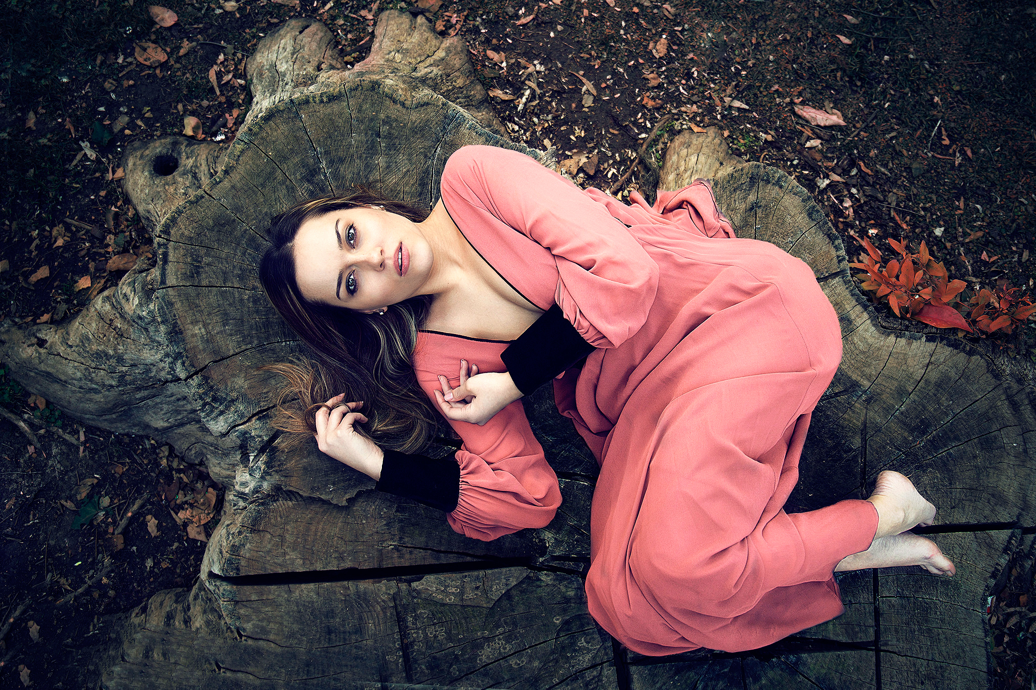 women, mood, brunette, lying down, model, outdoor, pink dress, stump