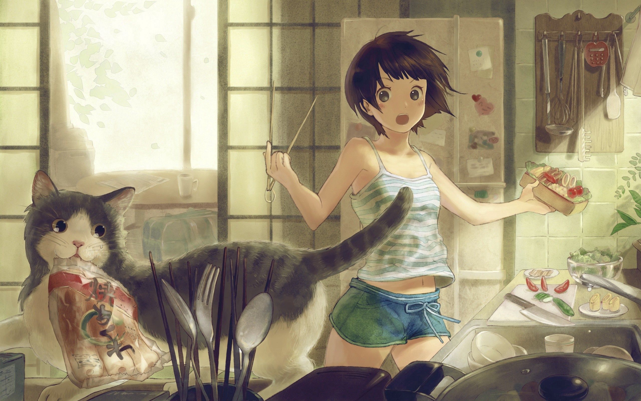 無料モバイル壁紙部屋, ルーム, 猫, ネコ, 女の子, 日本製アニメをダウンロードします。