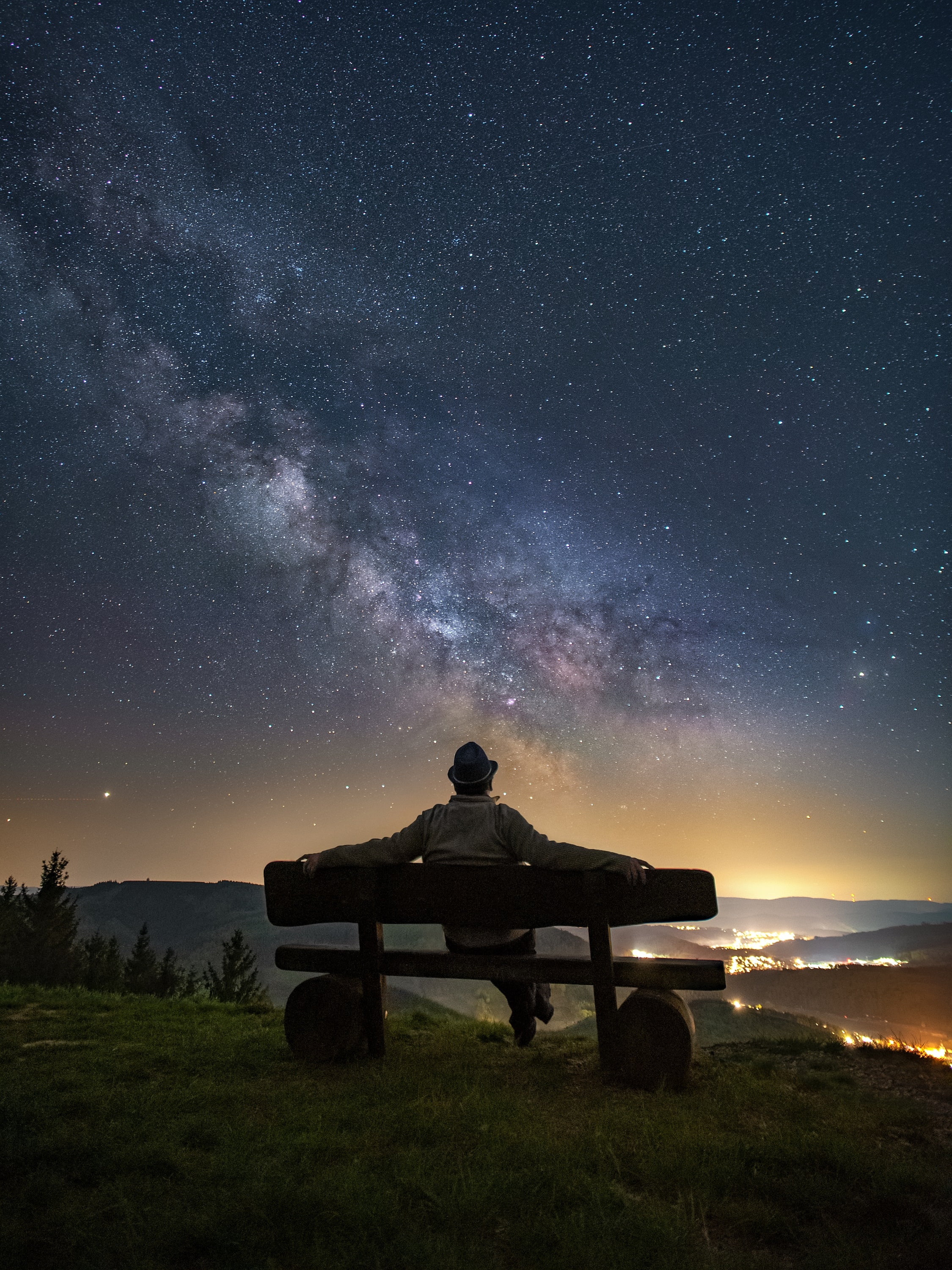 Download mobile wallpaper Miscellaneous, Miscellanea, Starry Sky, Person, Bench, Human for free.