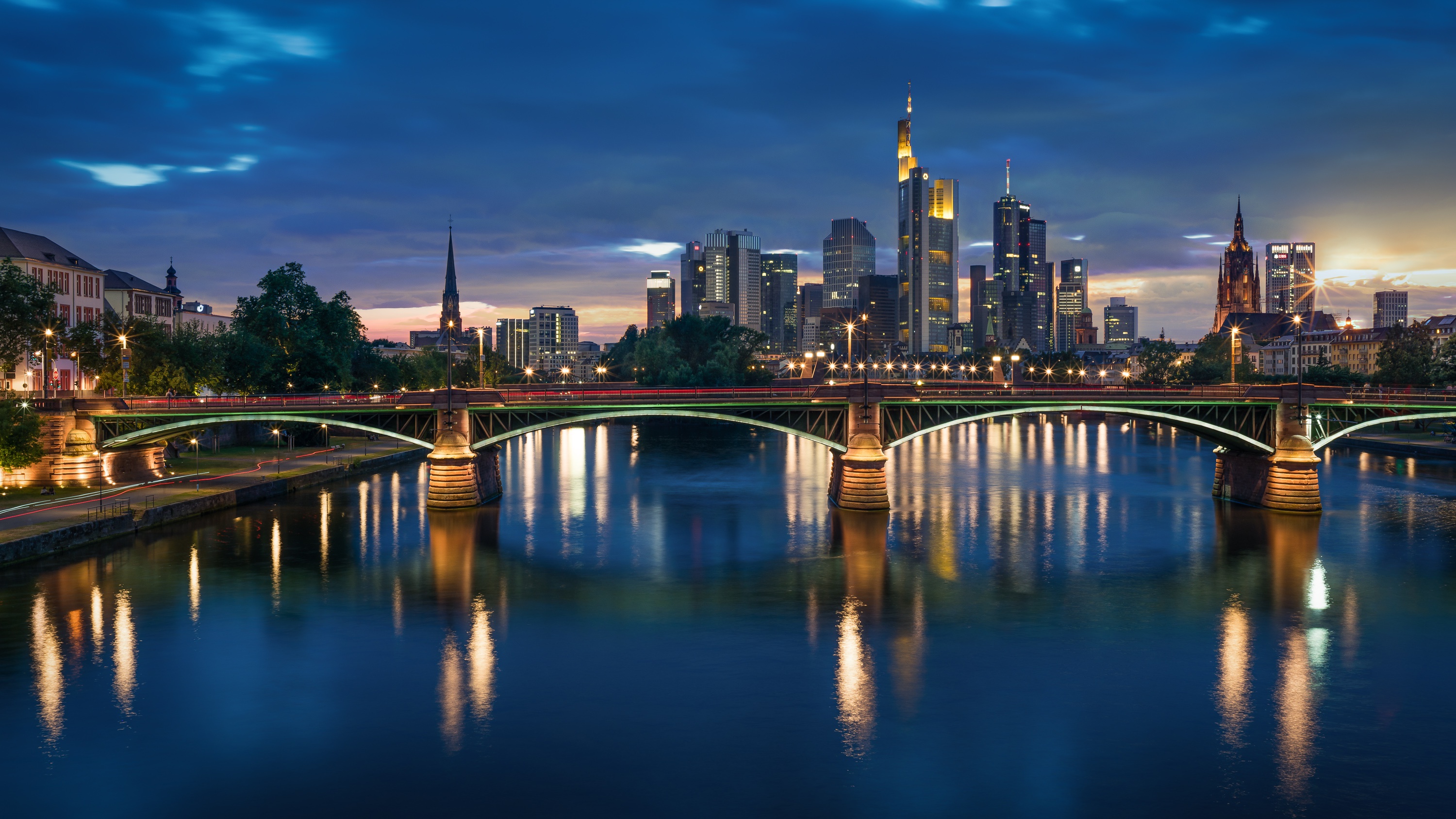 495457 скачать картинку сделано человеком, франкфурт, мост, город, германия, ночь, река, города - обои и заставки бесплатно