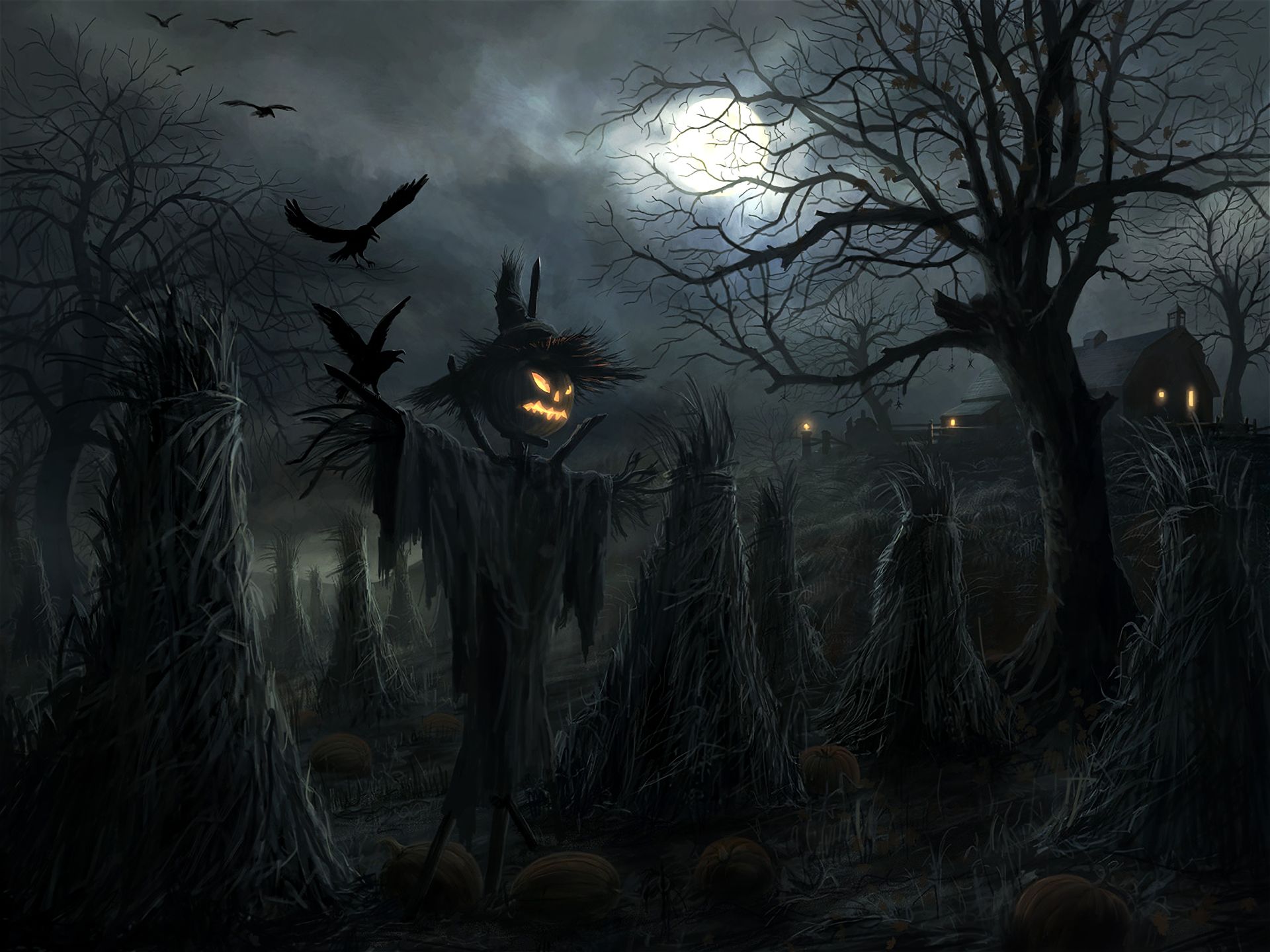 raven, holiday, halloween, dark, jack o' lantern, night, scarecrow, tree mobile wallpaper