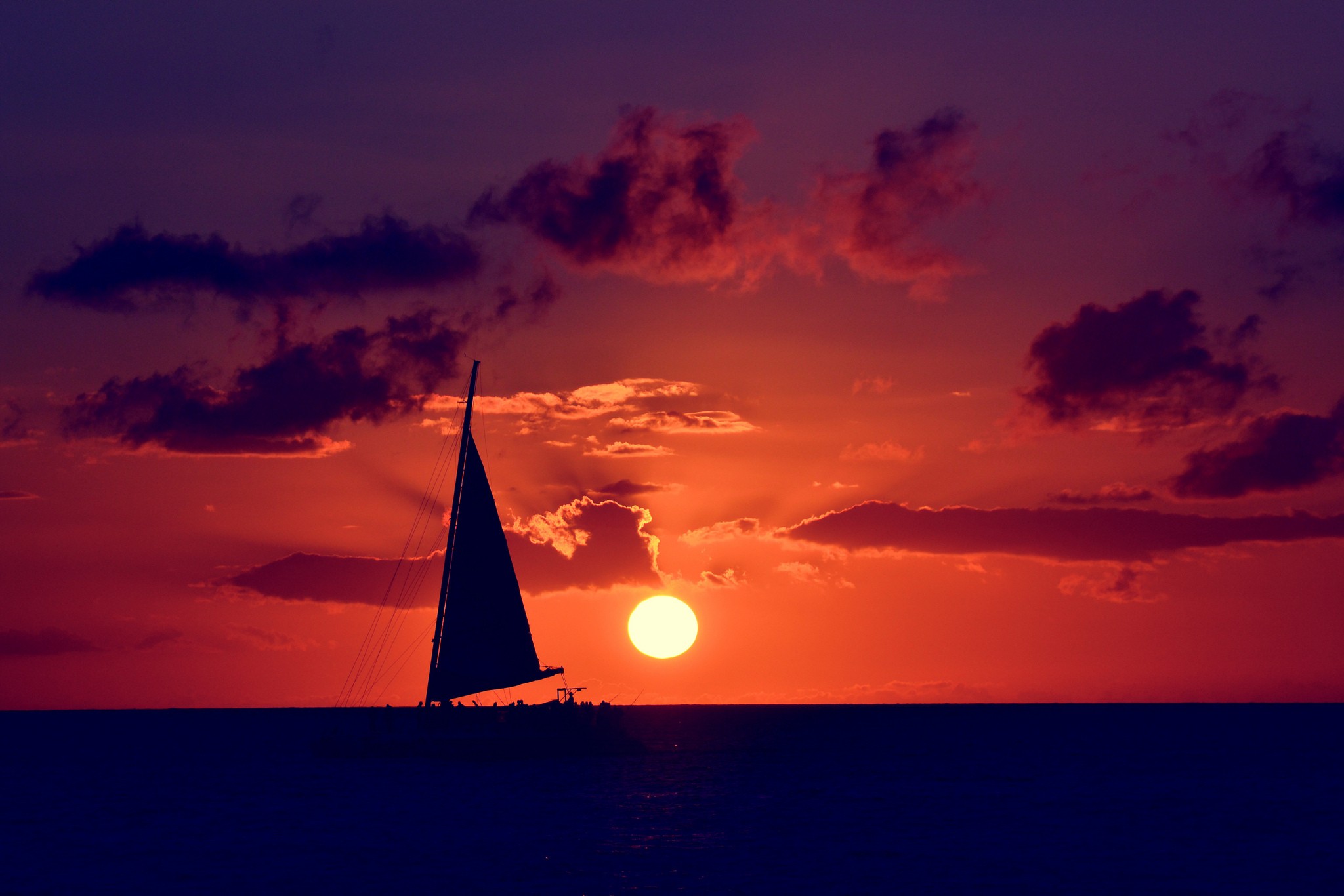 red, sailboat, vehicles, sailing ship, cloud, colors, ocean, sailing, sky, sun, sunset wallpapers for tablet