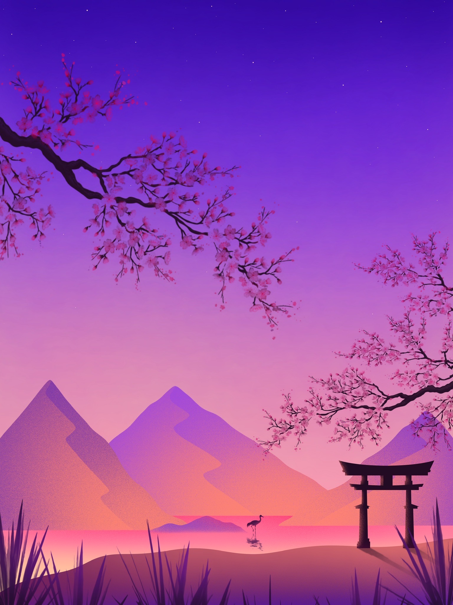 sakura, art, goal, mountains, purple, violet, crane, torii, gate HD wallpaper