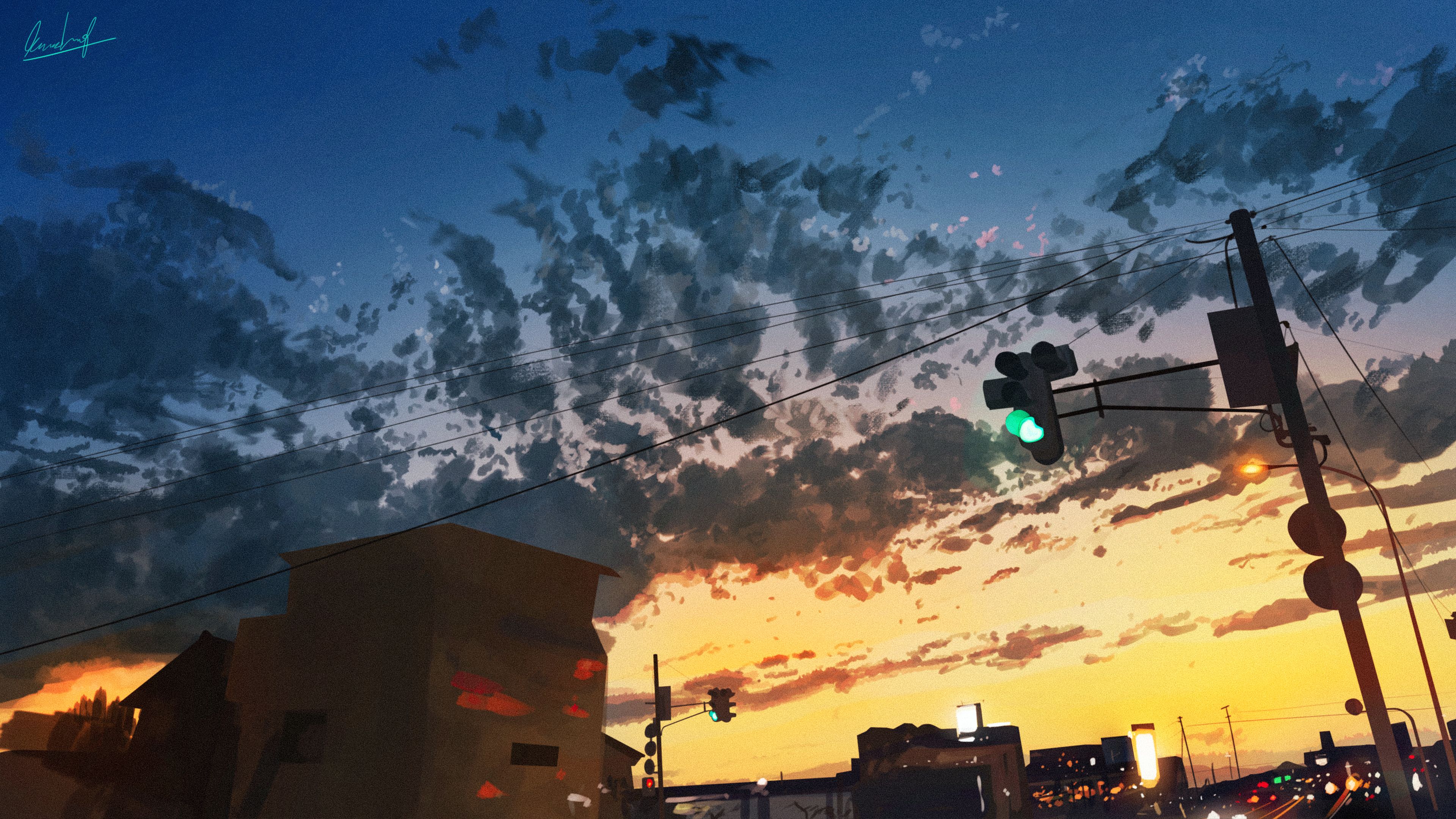 anime, sunset, city, sky, traffic light