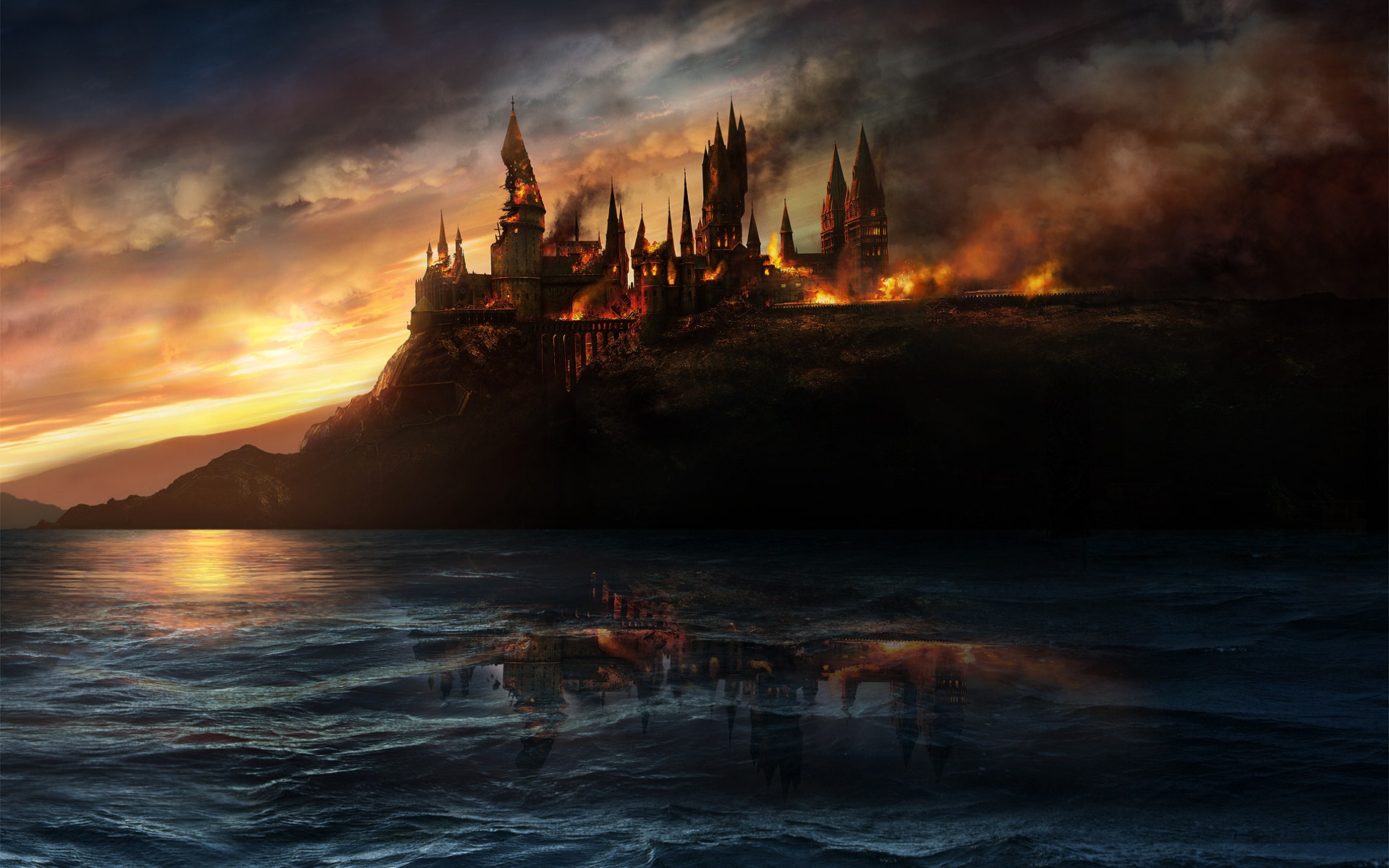 castle, harry potter, smoke, fire, hogwarts castle, movie, harry potter and the deathly hallows: part 1