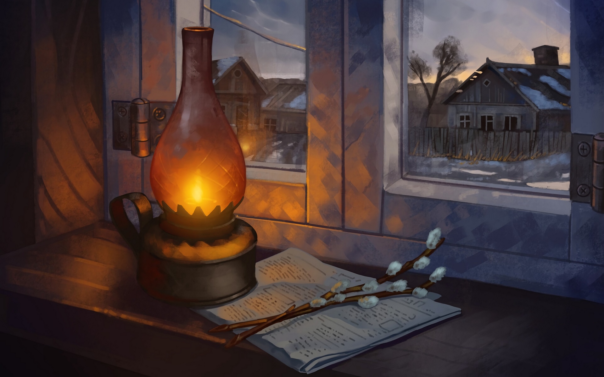 artistic, still life, kerosene lamp, pussy willow, window