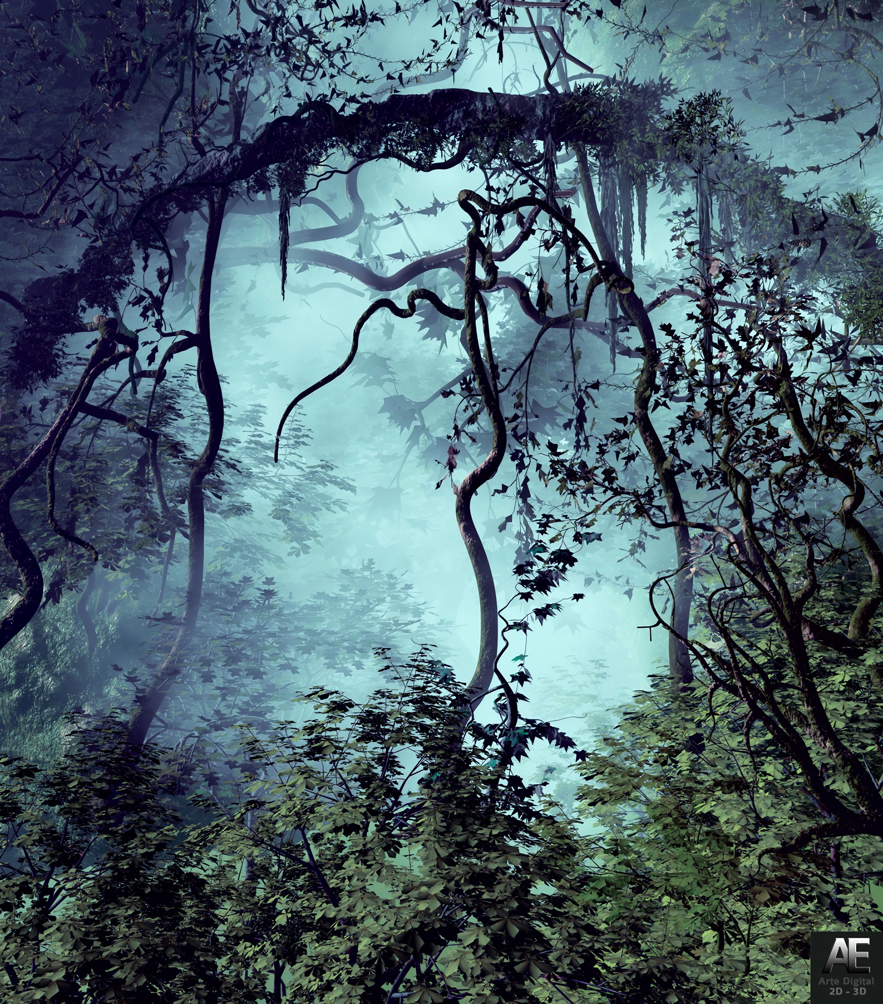 jungle, trees, art, fog, branches Smartphone Background