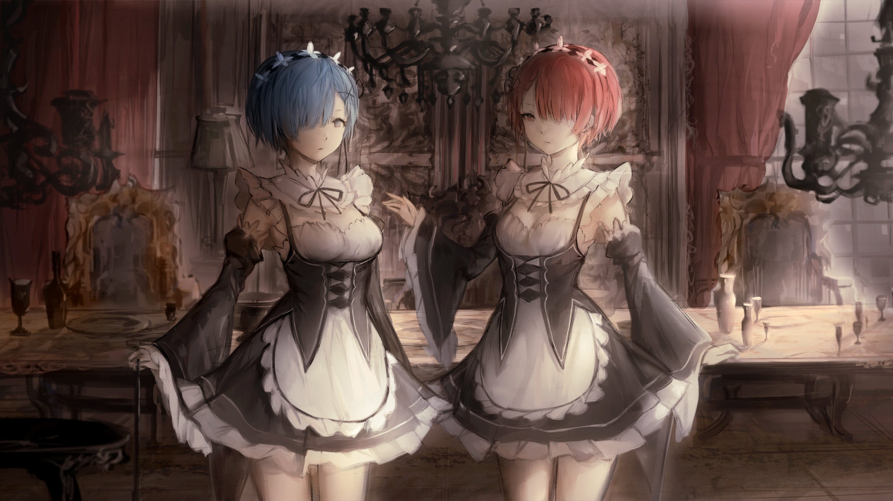 anime, re:zero starting life in another world, blue eyes, blue hair, dress, headdress, maid, pink eyes, pink hair, ram (re:zero), rem (re:zero), short hair, twins