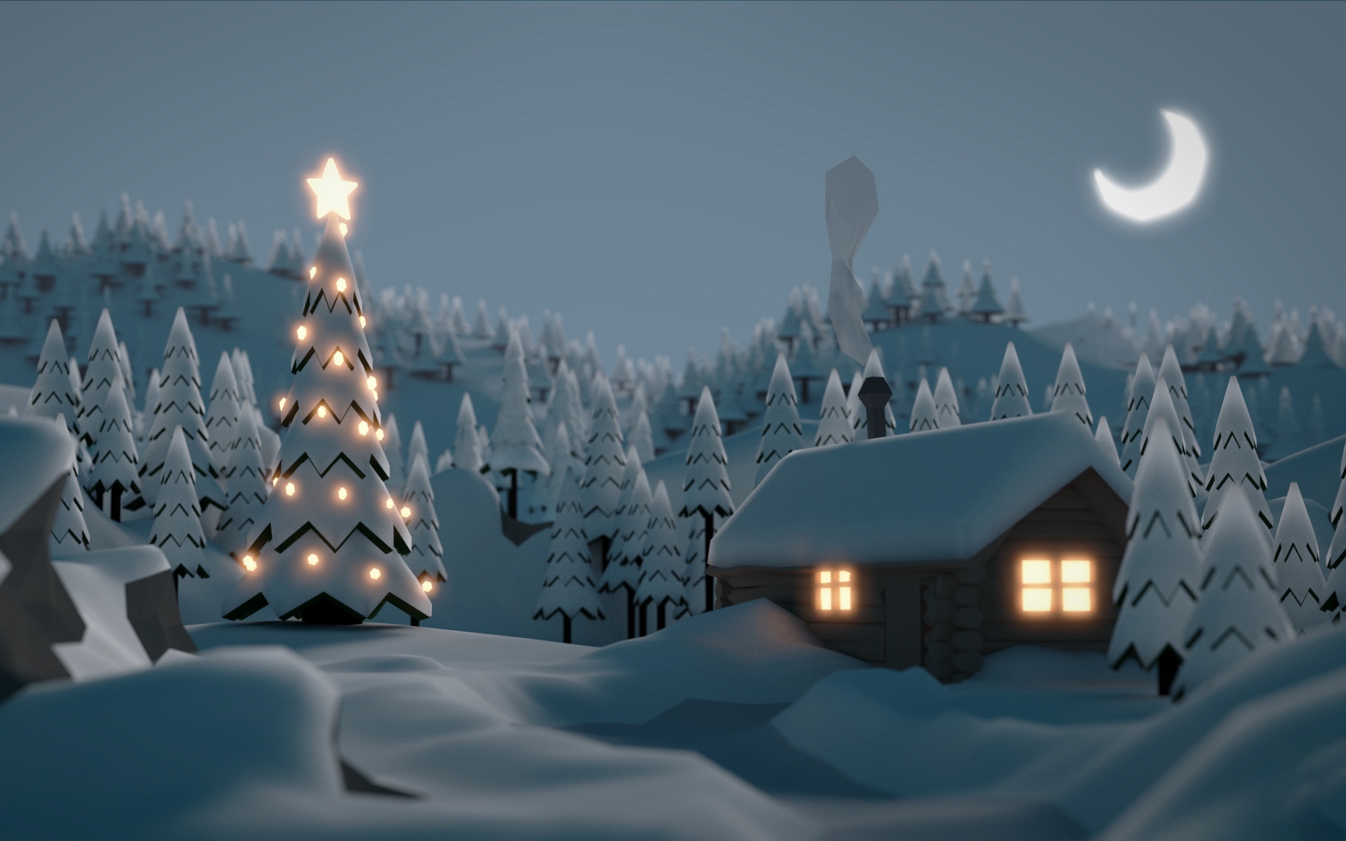 artistic, winter, house, snow, spruce 1080p