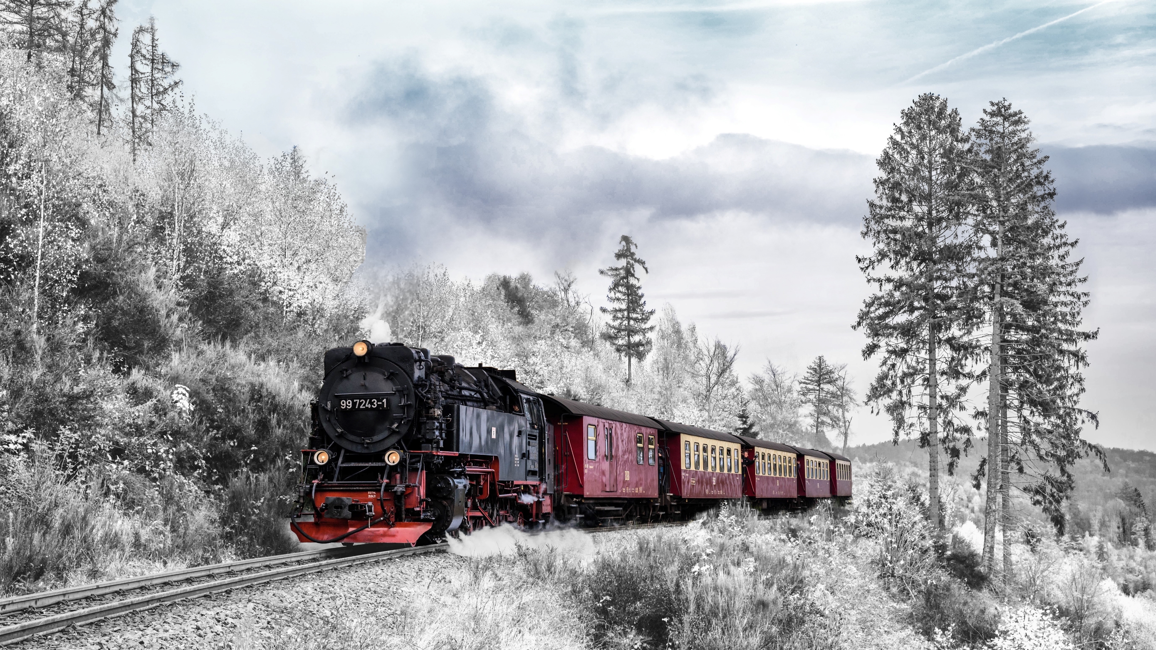 vehicles, steam train, snow, train, winter