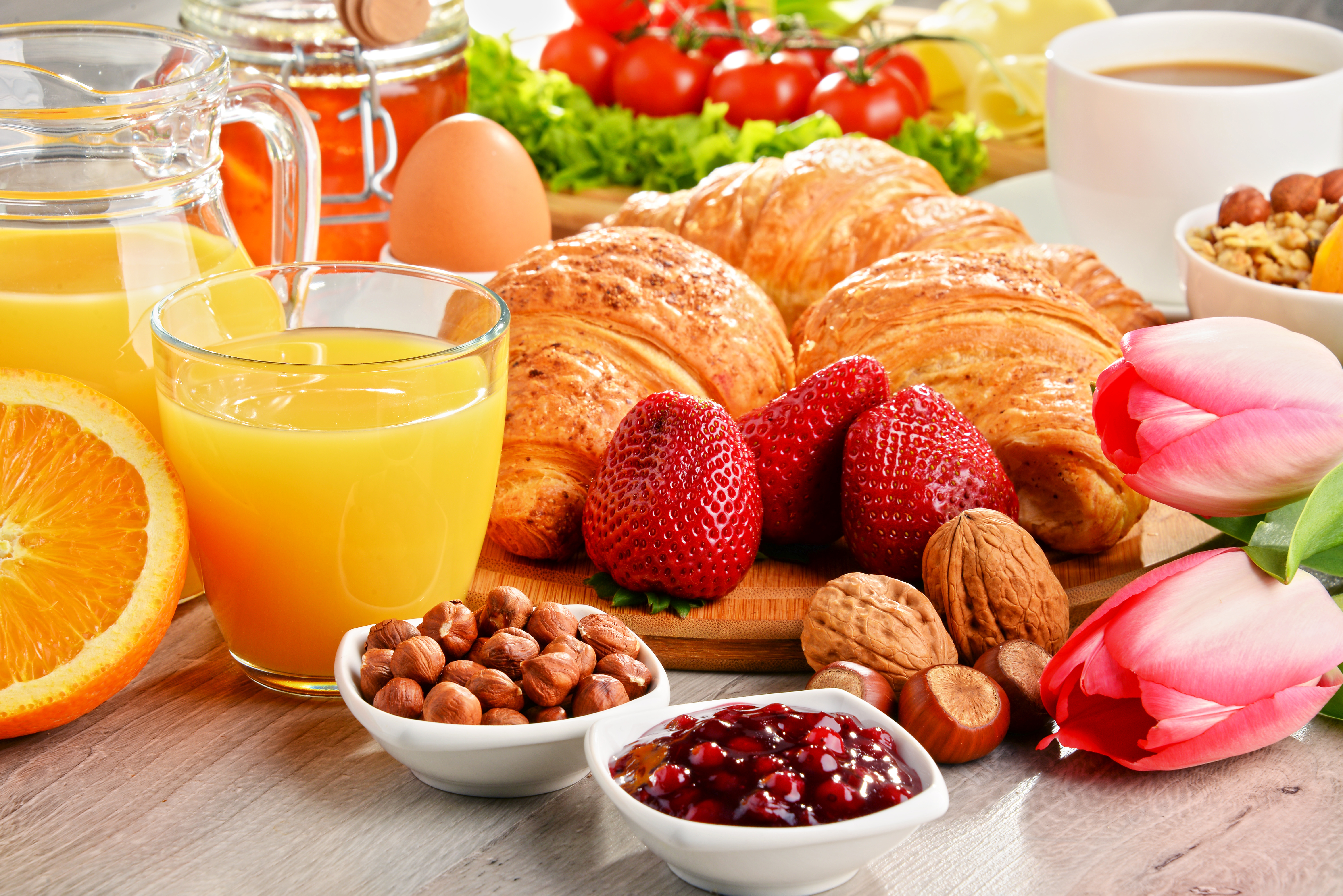 nut, strawberry, croissant, breakfast, food, egg, honey, jam, juice, orange (color), still life, tulip