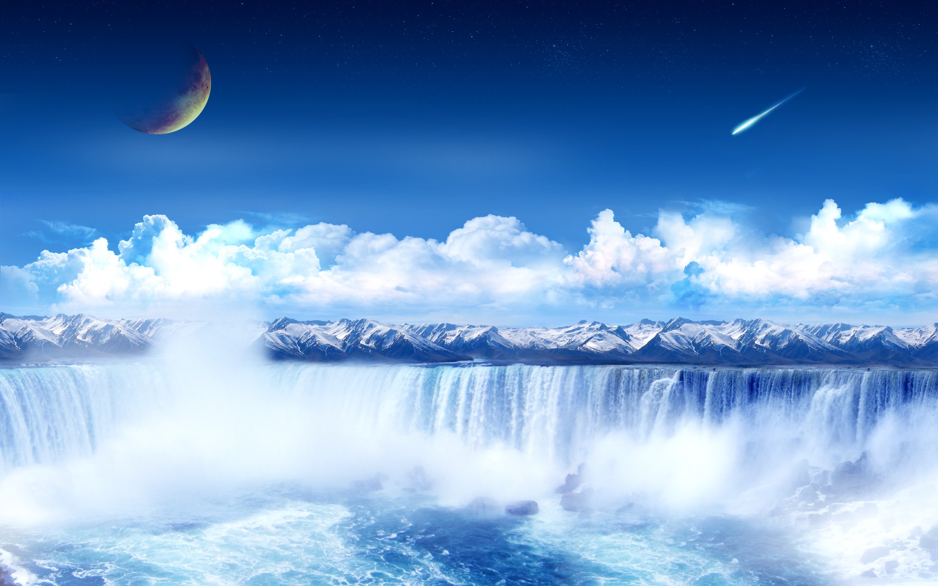736922 descargar fondo de pantalla fantasía, cascada, azul, nube, meteorito, luna, planeta: protectores de pantalla e imágenes gratis