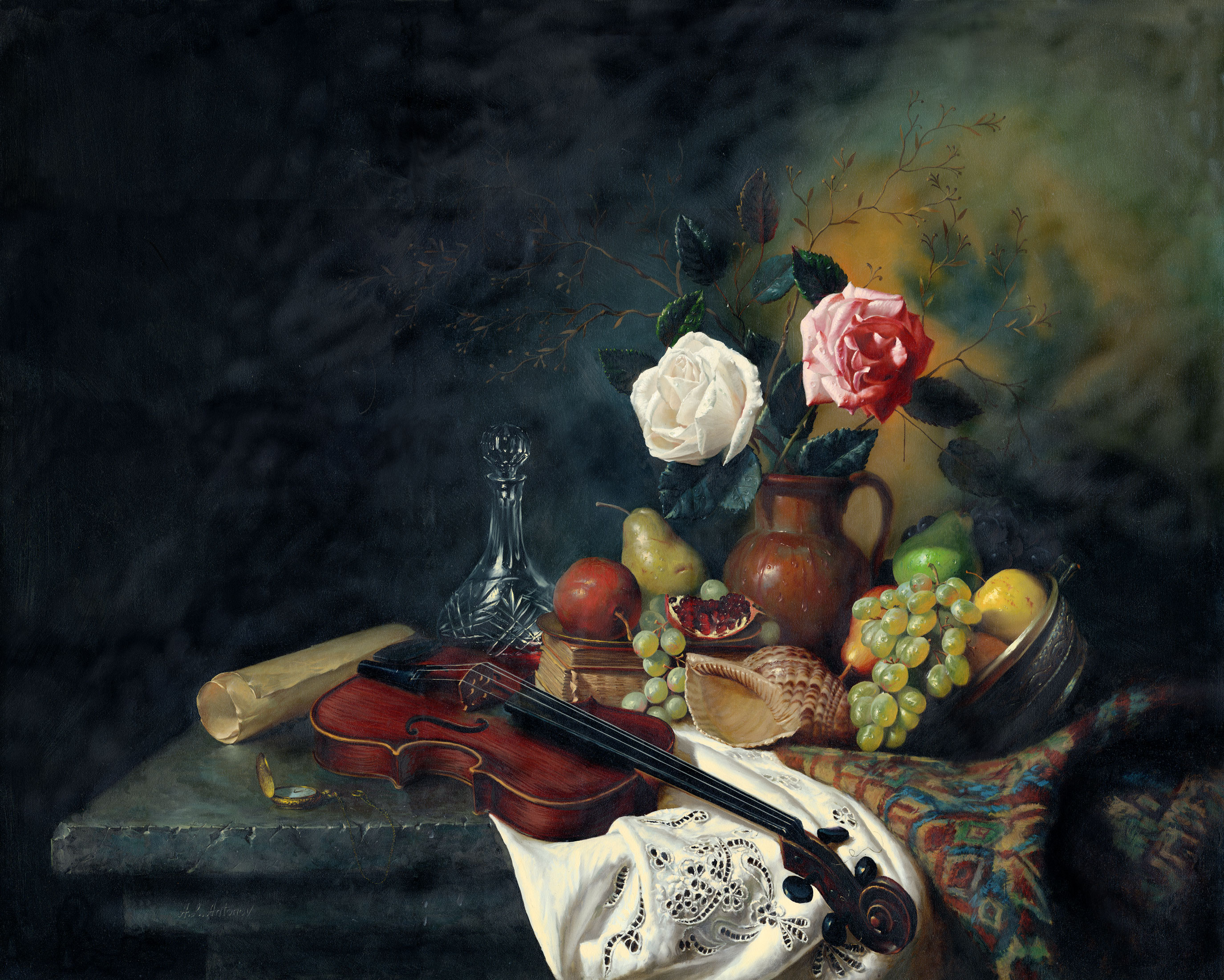 violin, artistic, painting, flower, fruit, still life, vase cellphone