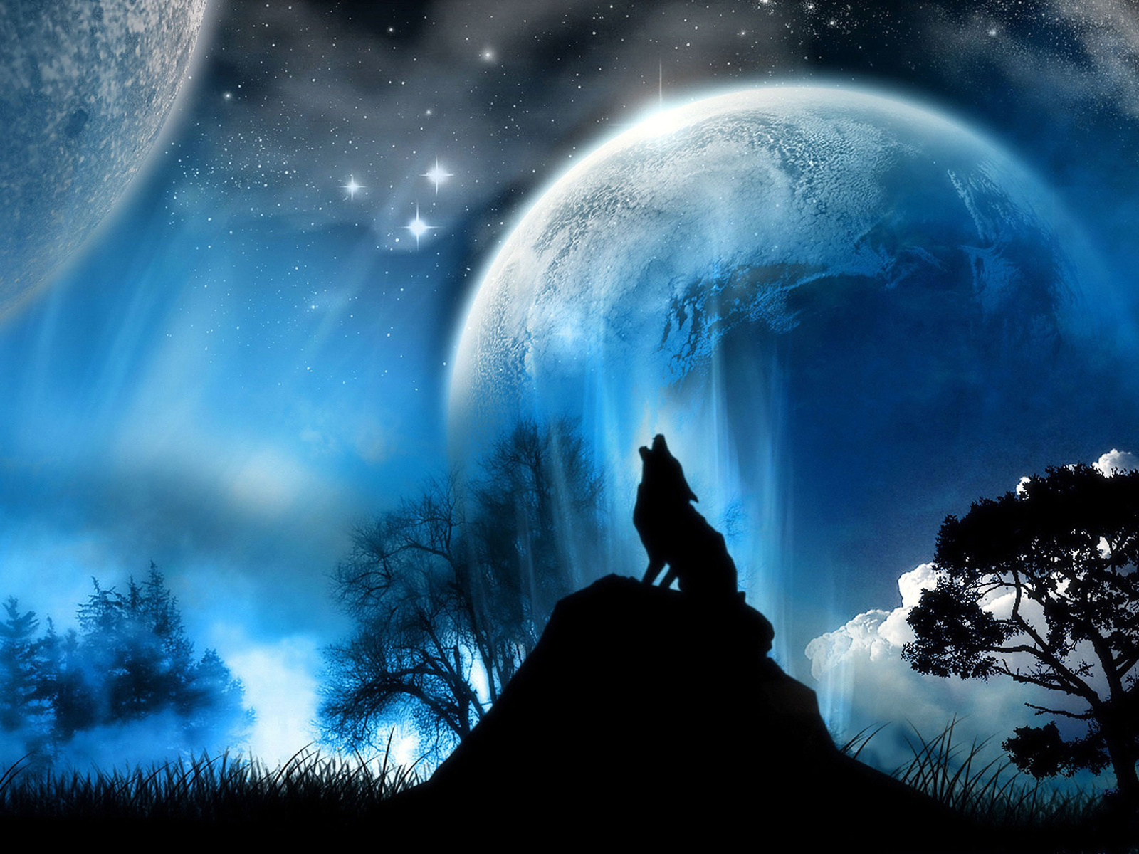 wolfs, planets, animals, landscape, sky, blue
