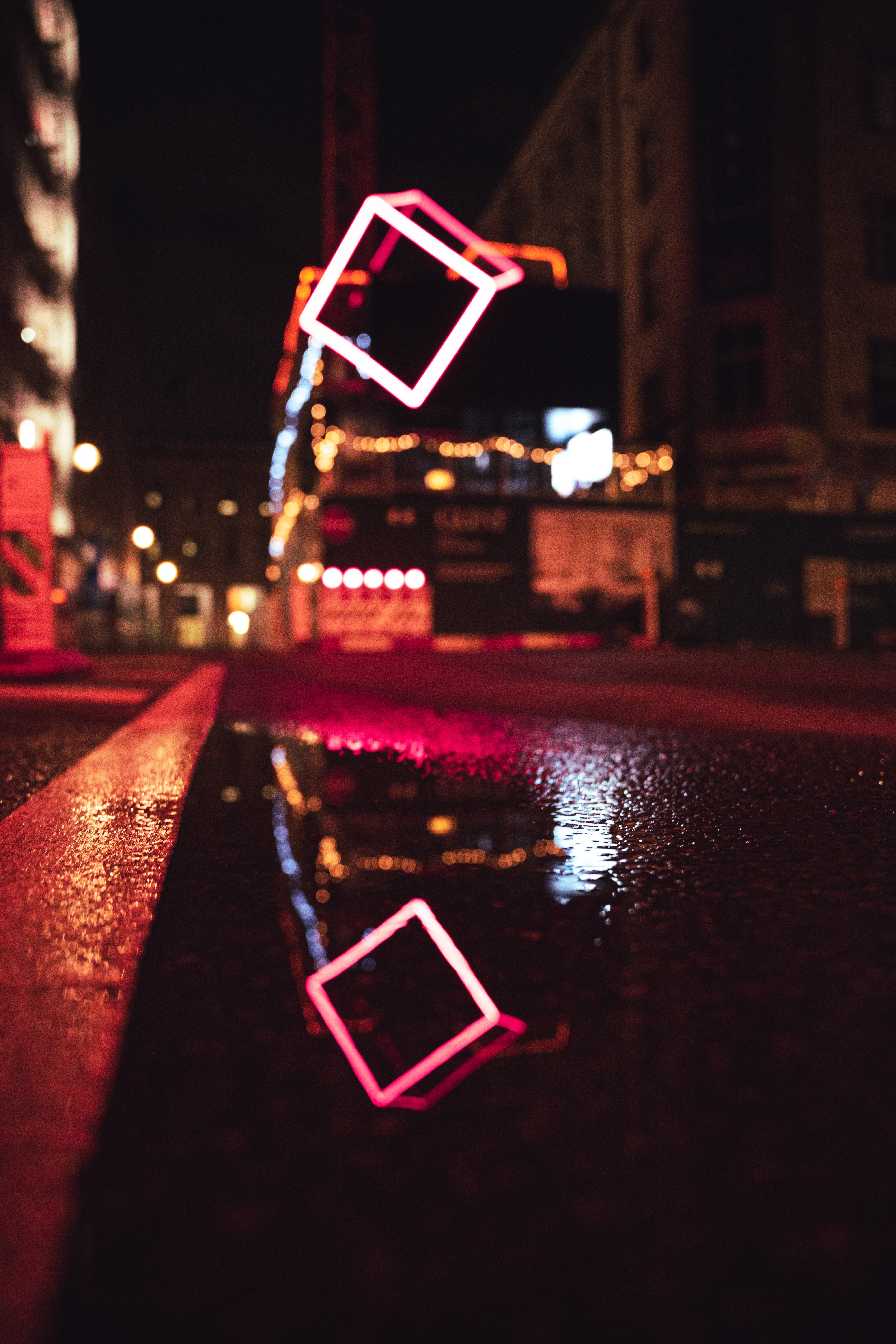 neon, night, reflection, dark, street, puddle